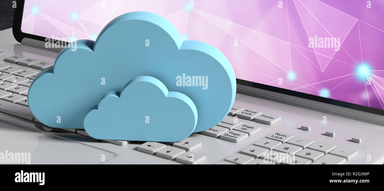 Il cloud computing concetto, Blue Clouds su un computer portatile, banner. 3d illustrazione Foto Stock