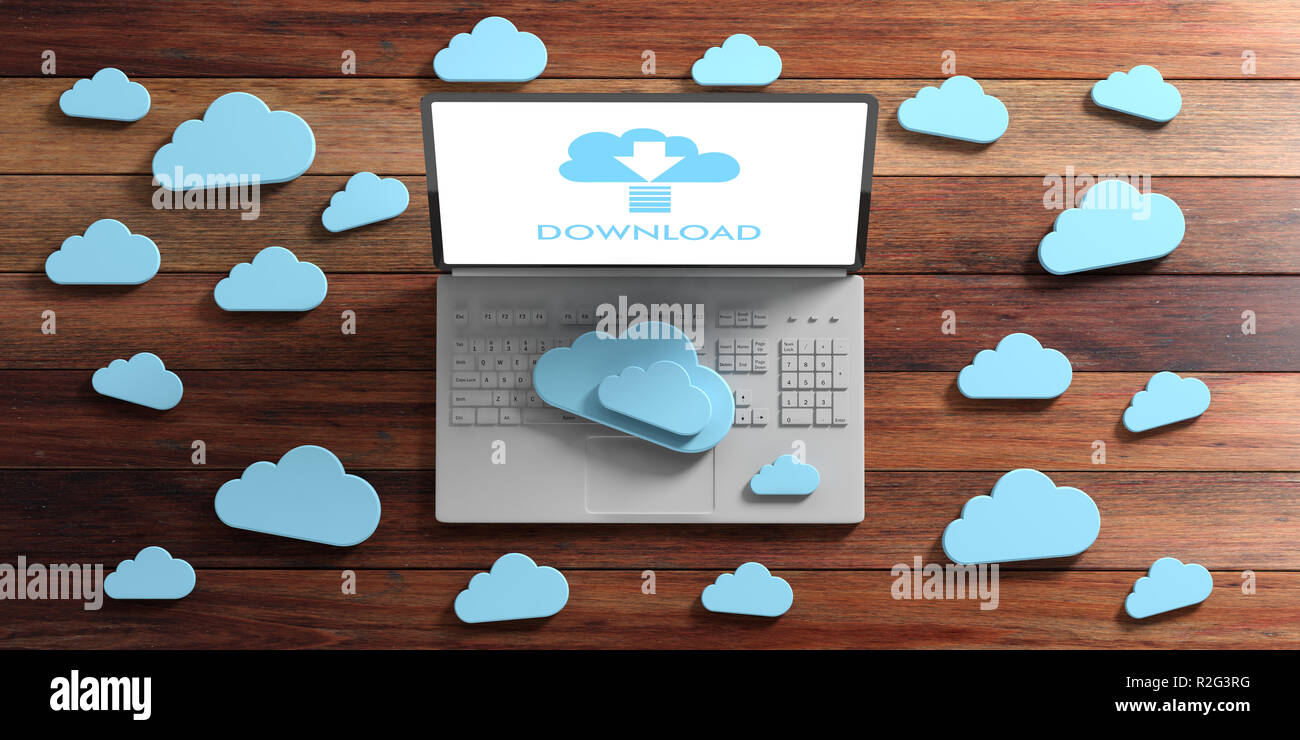 Il cloud computing download. Computer e nuvole blu su sfondo di legno, download di testo sullo schermo. 3d illustrazione Foto Stock
