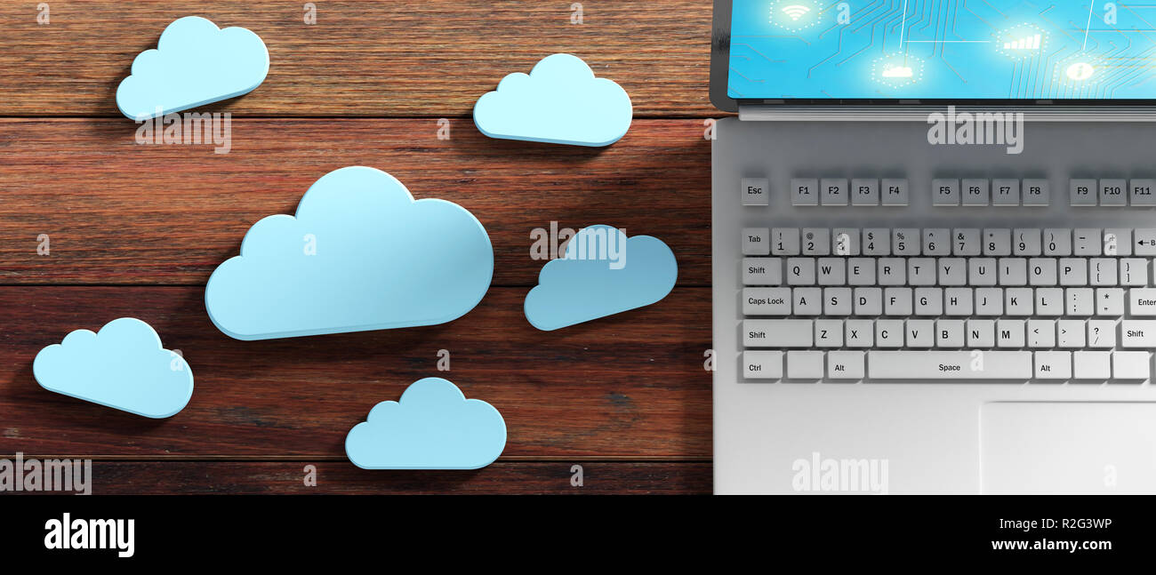 Il cloud computing concetto, Computer e nuvole blu su sfondo di legno, banner. 3d illustrazione Foto Stock