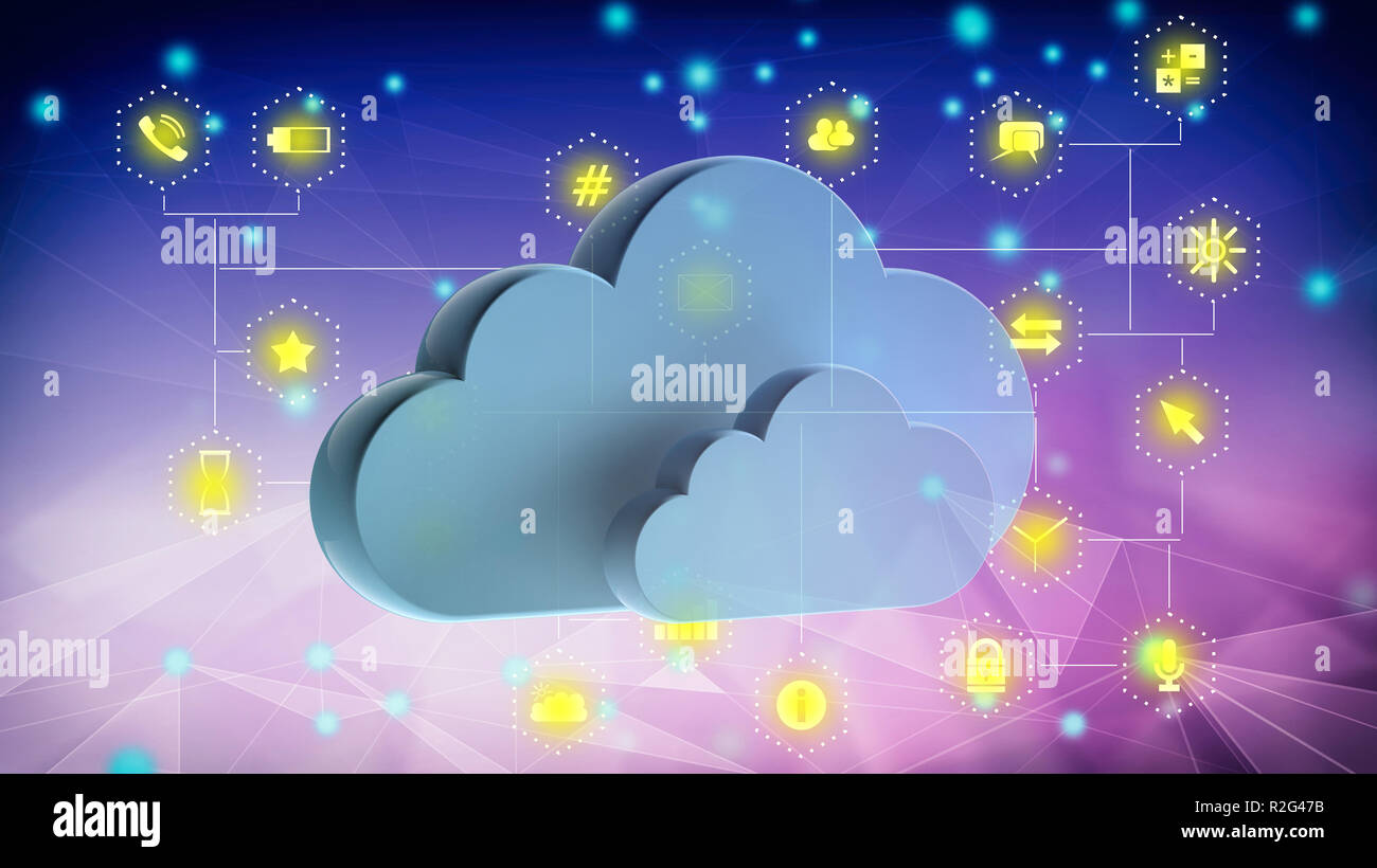 Il cloud computing e le applicazioni per dispositivi mobili. Blue Clouds su abstract sfondo digitale con le icone delle app. 3d illustrazione Foto Stock