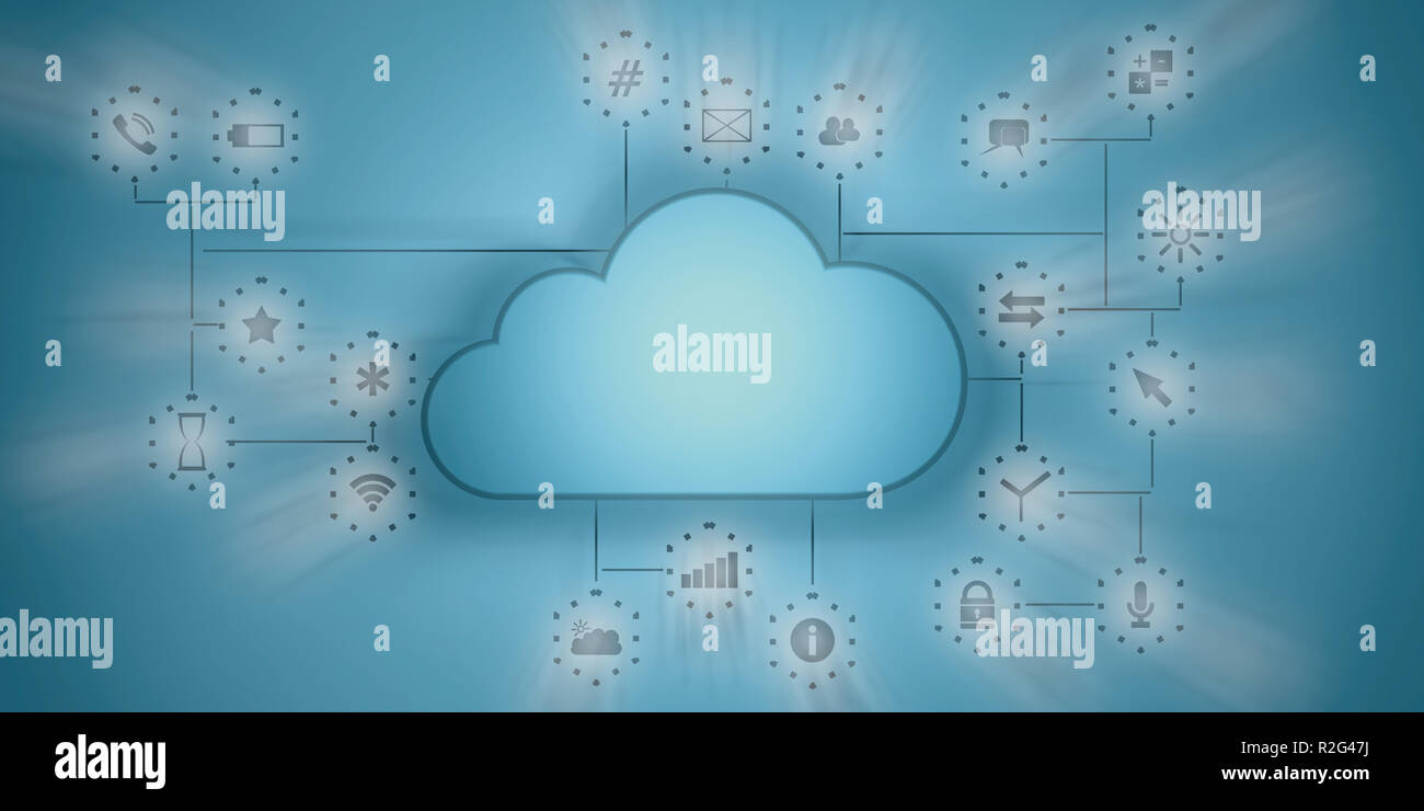 Il cloud computing e le applicazioni per dispositivi mobili. Nuvole blu sulla parete blu con le icone delle app. 3d illustrazione Foto Stock