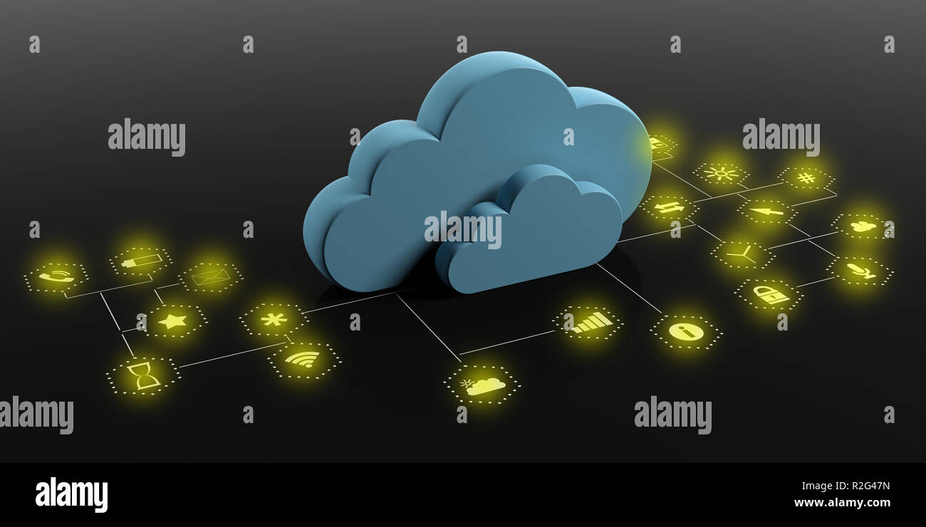 Il cloud computing e le applicazioni per dispositivi mobili. Nuvole blu su sfondo nero con illuminato le icone delle app. 3d illustrazione Foto Stock