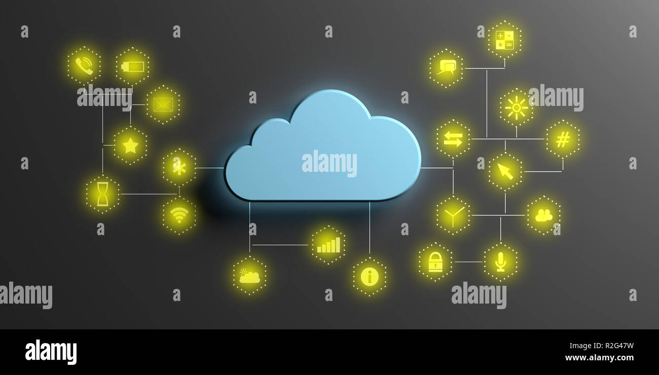Il cloud computing e le applicazioni per dispositivi mobili. Cloud blu su sfondo nero con illuminato le icone delle app. 3d illustrazione Foto Stock