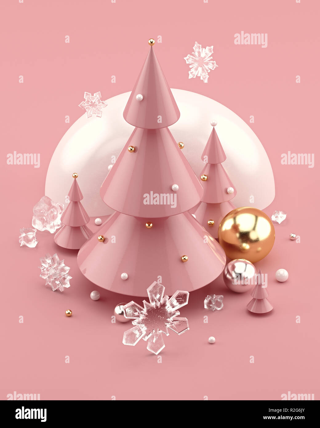 Rose Gold 3D illustrazione decorate con alberi di Natale e i fiocchi di neve. Foto Stock