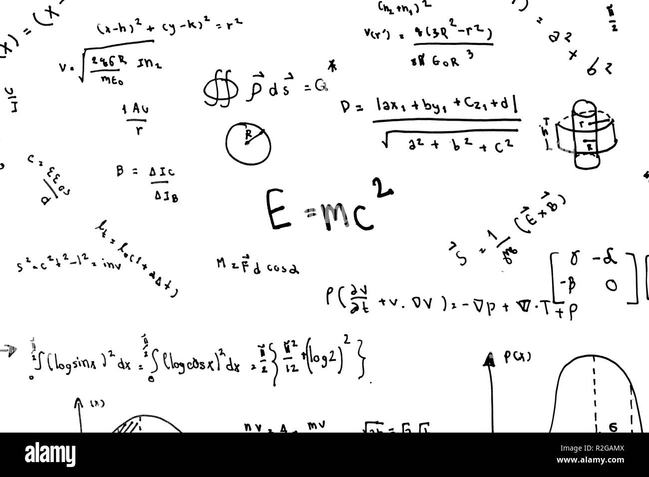 Le equazioni matematiche scrivere a mano le formule scientifiche e i calcoli in fisica e matematica sul libro bianco isolato su sfondo bianco Foto Stock