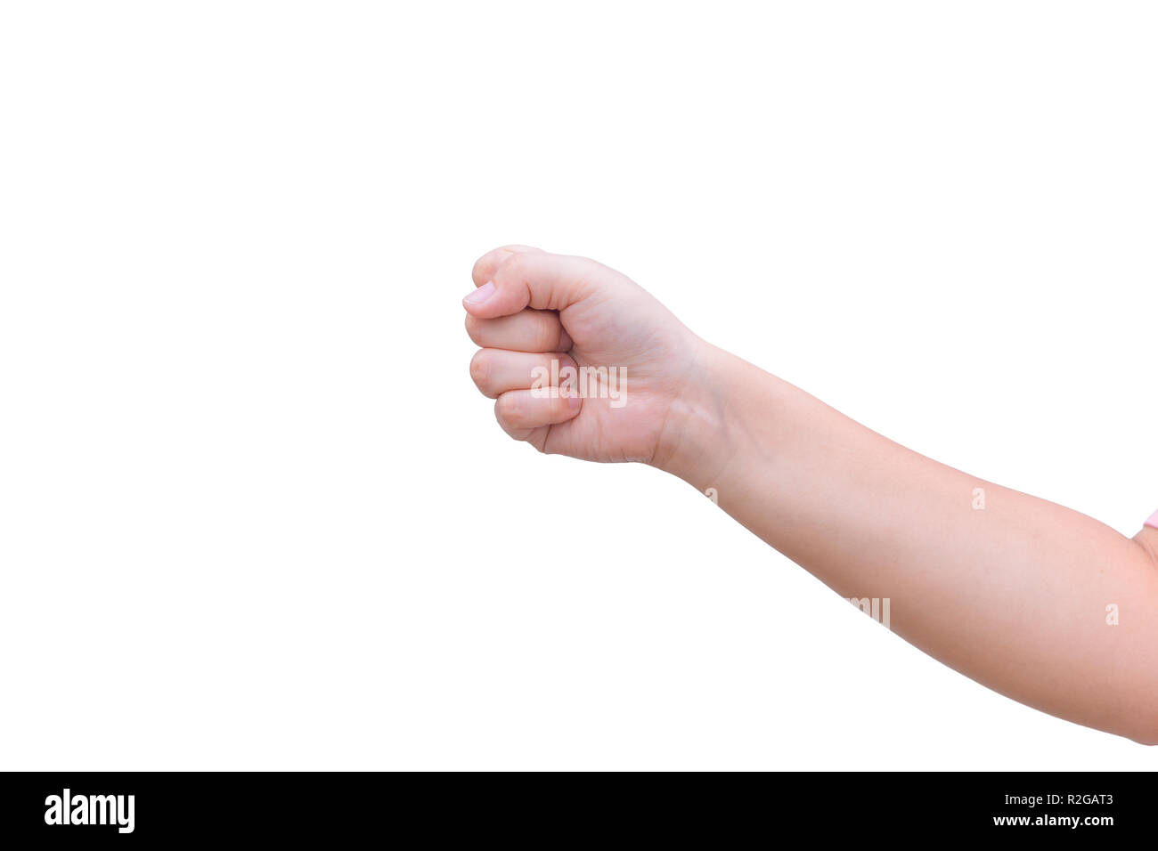 Ragazza mano grassa pugno isolato su sfondo bianco Foto Stock