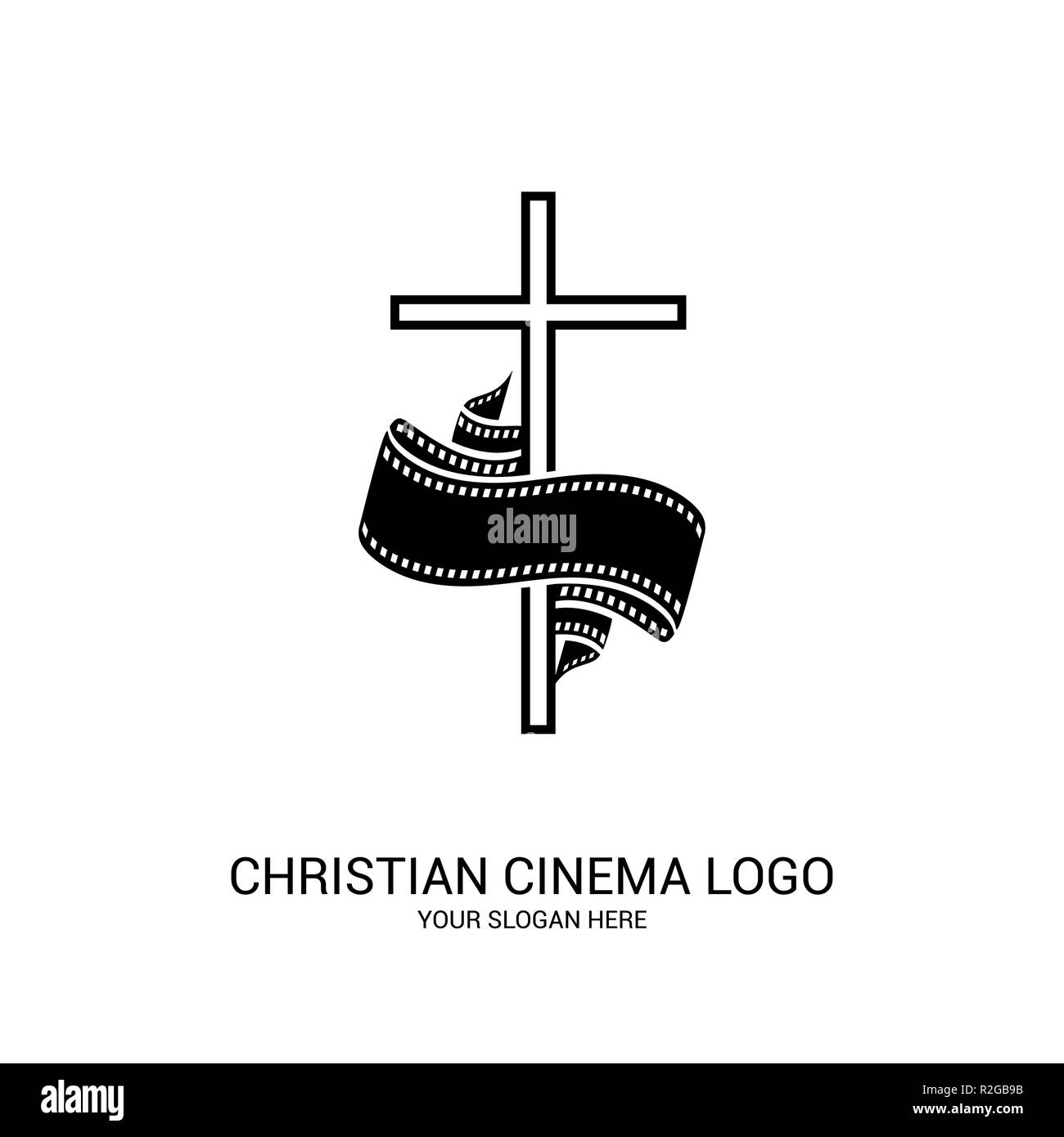 Cinema cristiana logo. Simboli di film e video per il ministero, conferenza, camp, festival, evento. Illustrazione Vettoriale