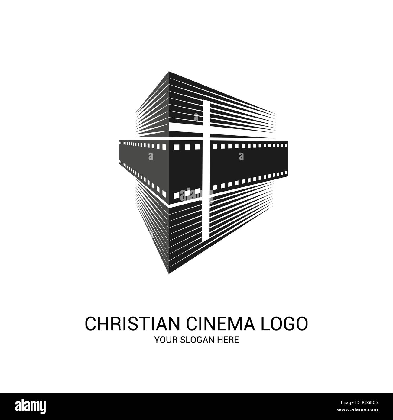 Cinema cristiana logo. Simboli di film e video per il ministero, conferenza, camp, festival, evento. Illustrazione Vettoriale