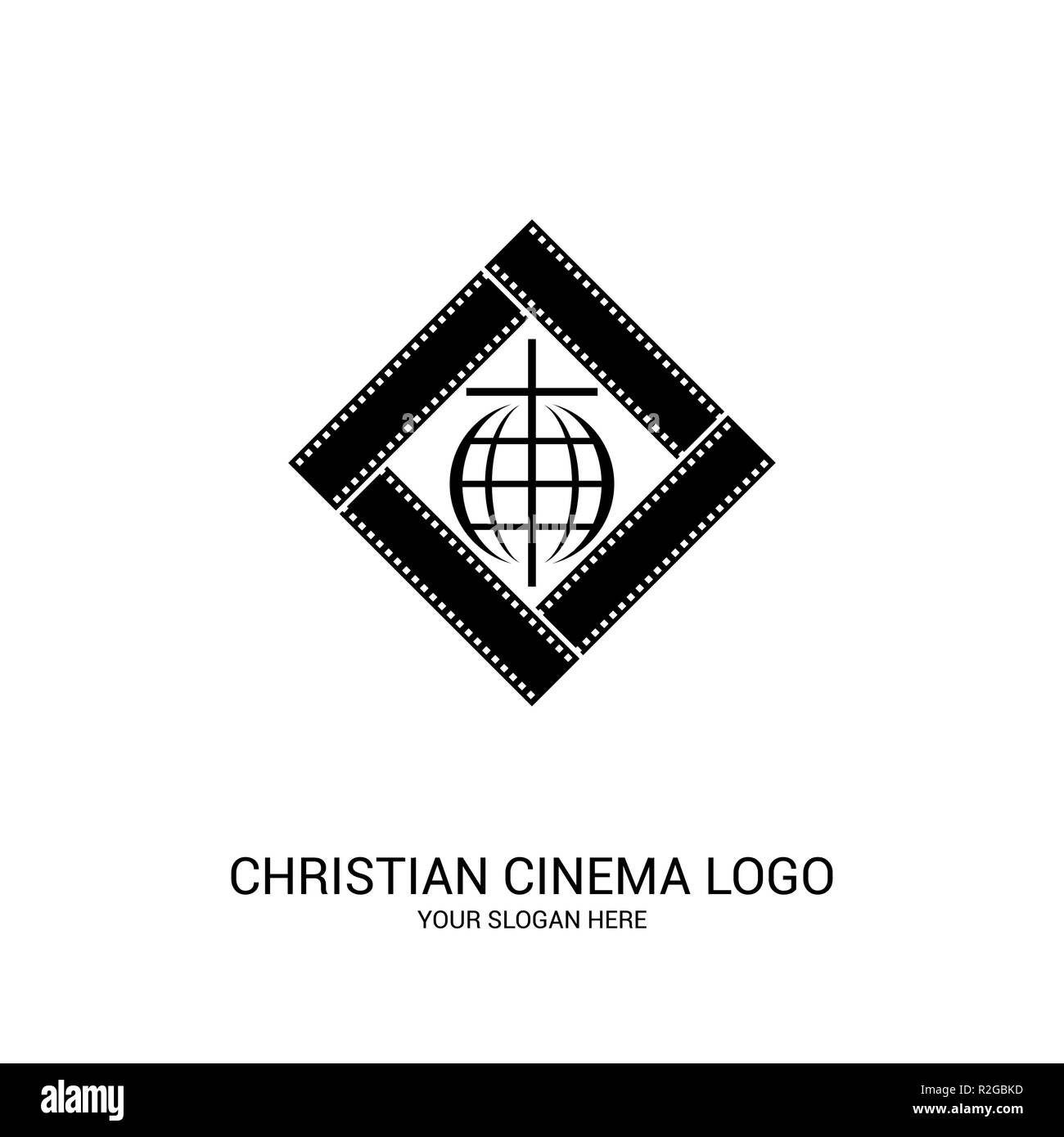 Cinema cristiana logo. Simboli di film e video per il ministero, conferenza, camp, festival, evento. Illustrazione Vettoriale