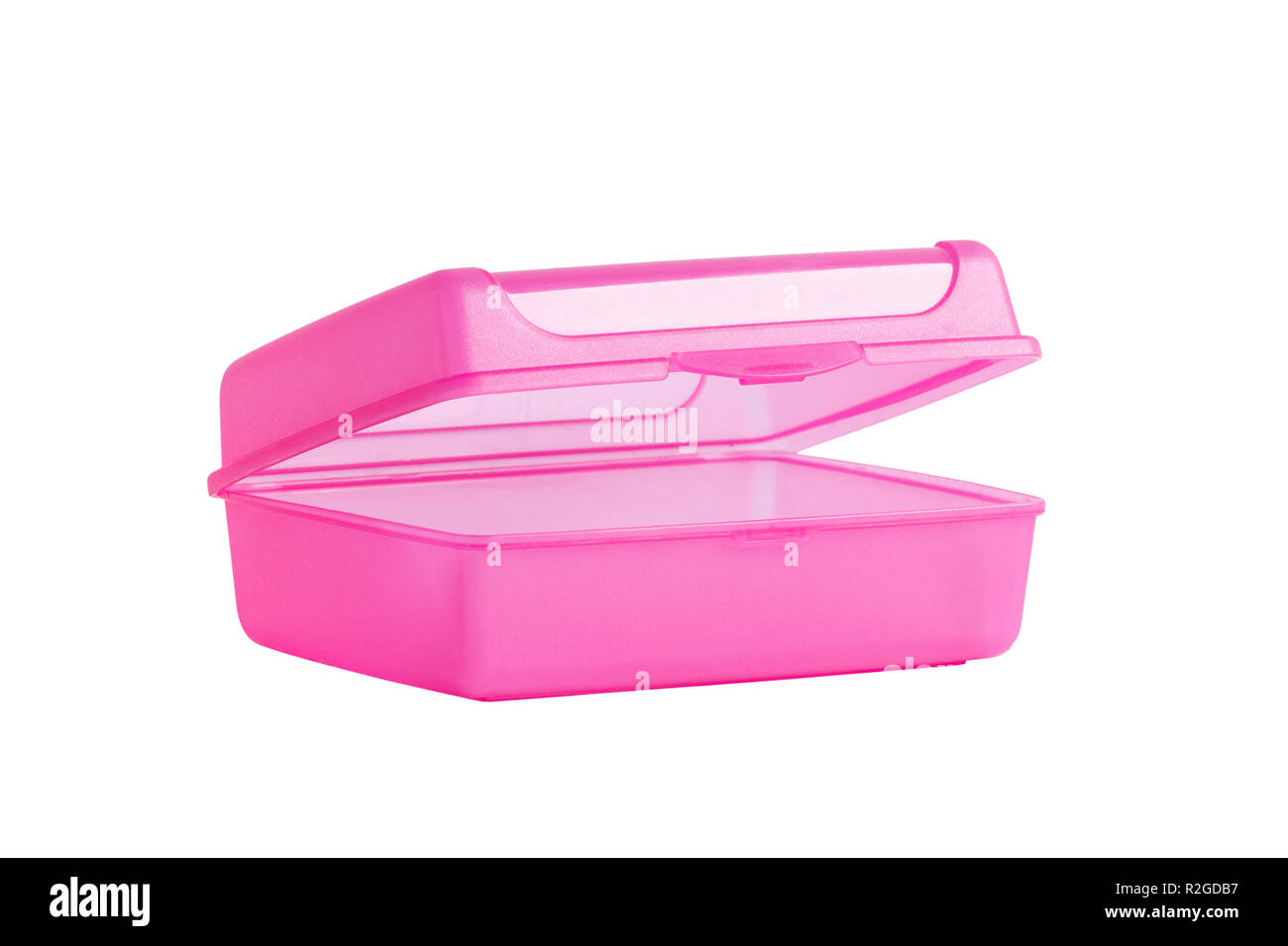 Isolato di scatola di pranzo. Un open, plastica, rosa scatola di pranzo. Foto Stock