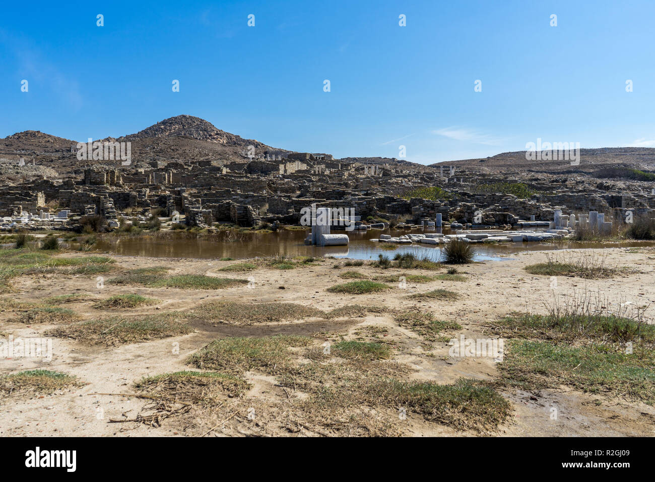 Gli antichi monumenti e resti sulla sacra isola di Delos, Grecia. Il luogo di nascita del dio Apollo. Foto Stock