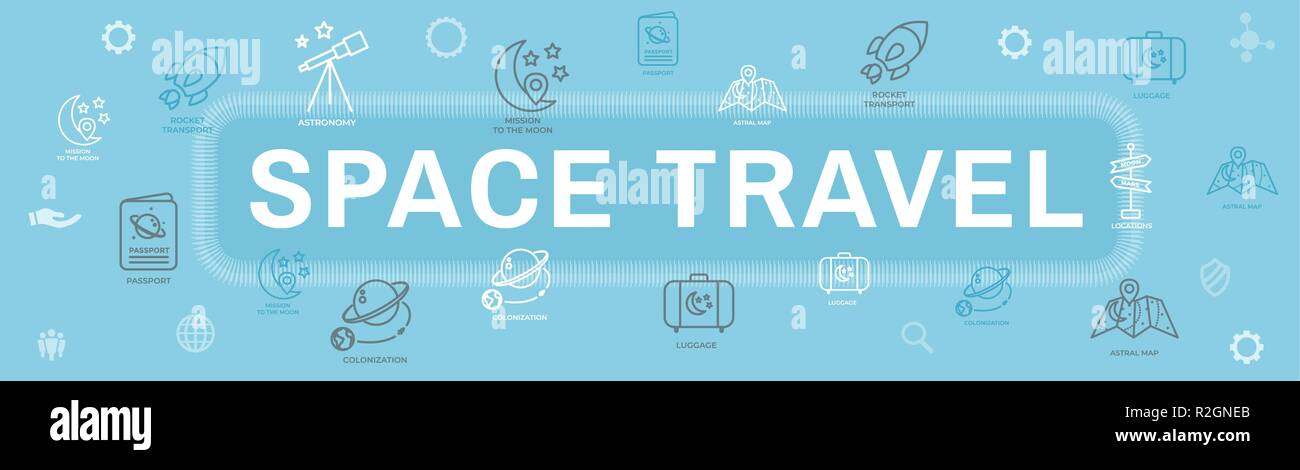 Spazio di viaggio / Turismo Web Banner di intestazione con astronave, telescopio, e dei pianeti Illustrazione Vettoriale