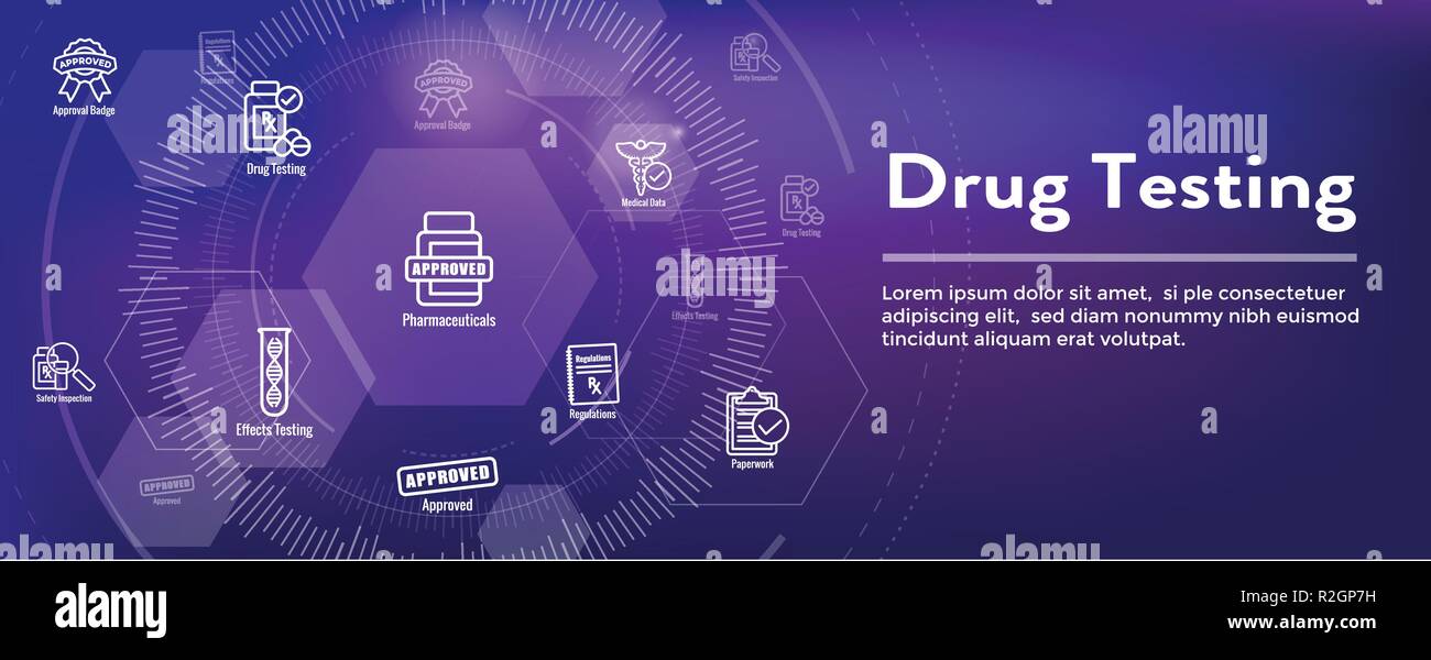 Drug Test & processo Web Banner di intestazione con icona impostare Illustrazione Vettoriale