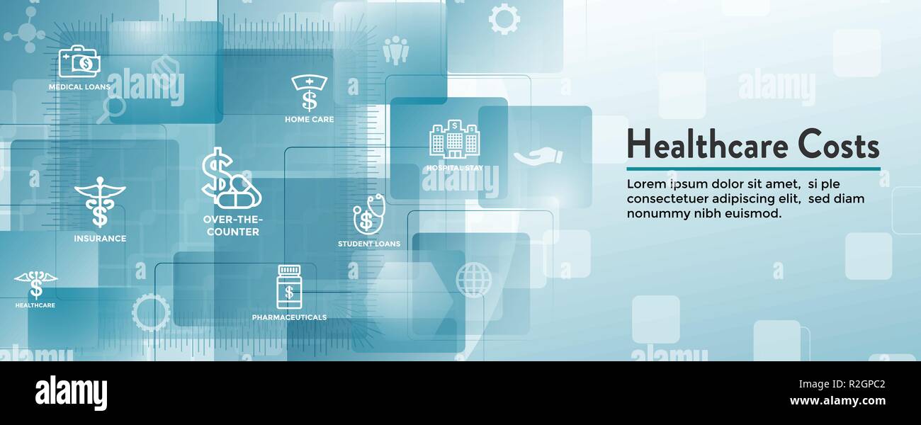 I costi sanitari Icon Set e Web Banner di intestazione - spese che mostra il concetto di costose cure sanitarie Illustrazione Vettoriale