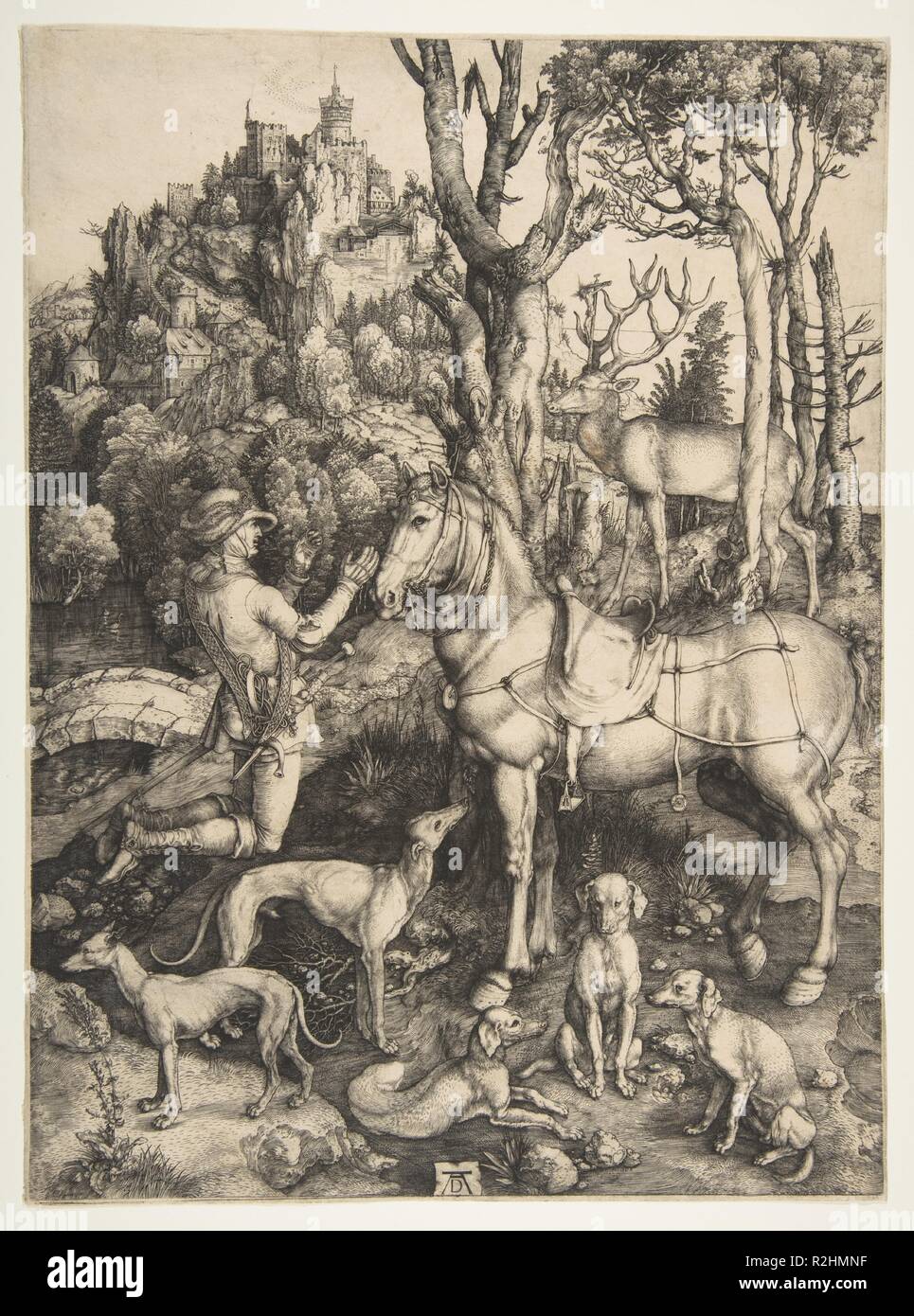 Sant'Eustachio. Artista: Albrecht Dürer (Tedesco, 1471-1528 Norimberga Norimberga). Dimensioni: foglio: 13 3/4 × 10 3/16 in. (35 × 25,9 cm). Data: ca. 1501. Dürer incisione più grande raffigura il momento della conversione di un generale romano di nome Placidus. Mentre la caccia, Placidus vide un crocifisso miracoloso che compaiono tra un cervo di corna. Le feste di addio al celibato ha parlato della voce di Cristo, e Placidus è sceso dal suo cavallo e divenne un cristiano battezzato con il nome di Eustachio. La stampa è stata a lungo ammirato come un esemplare di Dürer è straordinario virtuosismo; gli animali e le caratteristiche del paesaggio è servita come modelli f Foto Stock