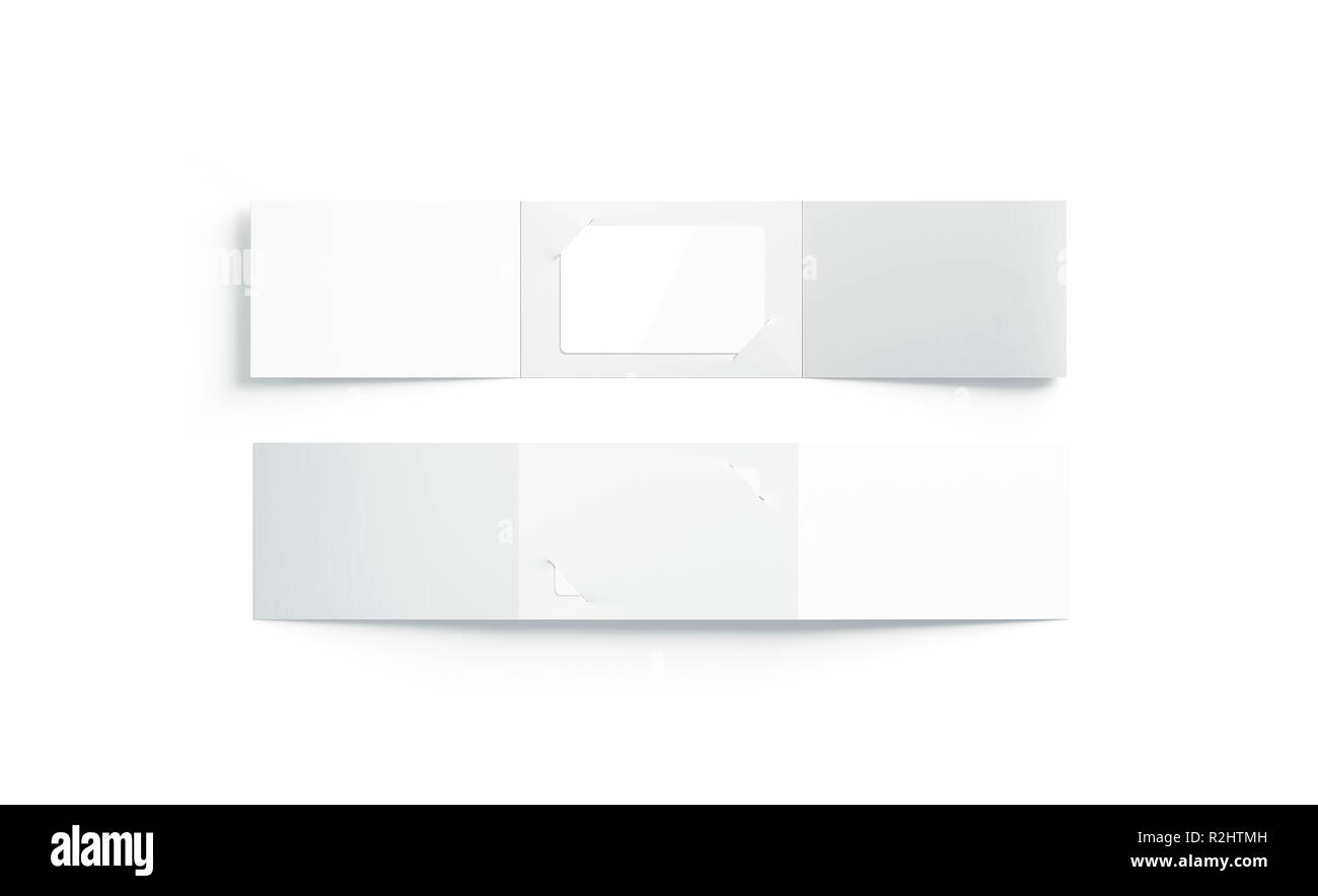 Vuoto bianco scheda di plastica mockup all'interno aperto opuscolo carta supporto, lato anteriore e posteriore, rendering 3d. Certificato di vuoto nel foglio illustrativo mock up, isolata. Imballaggio descritto per biglietti da visita, vista dall'alto. Foto Stock