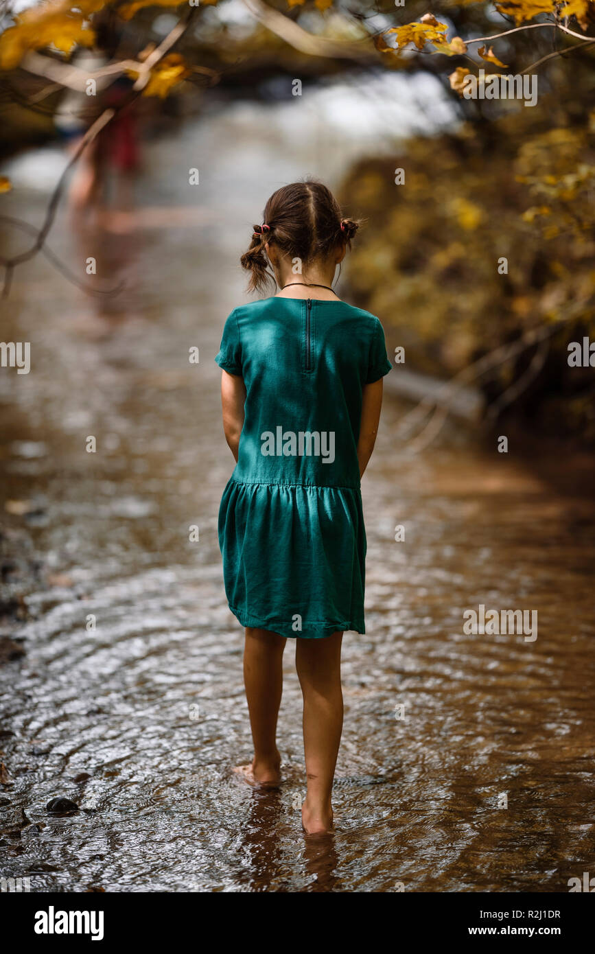 Ragazza camminare in un bosco creek, Stati Uniti Foto Stock