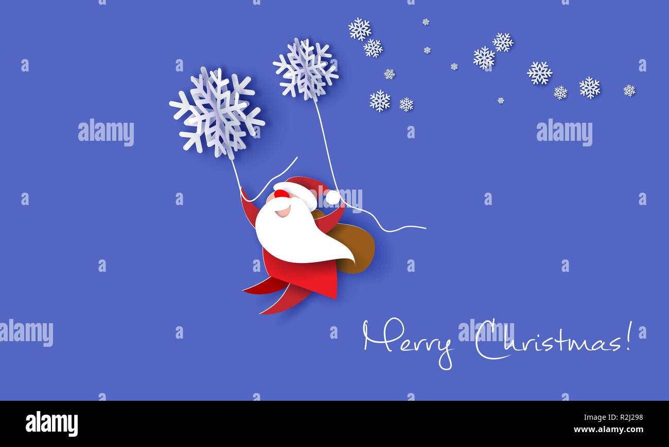 Buon Natale Con La Neve.Auguri Di Buon Natale Design Card Con Babbo Natale Volare Con Grossi Fiocchi Di Neve Su Sfondo Viola Carta Vettoriale Arte Illustrazione Carta Tagliata E Stile Di Artigianato Immagine E Vettoriale