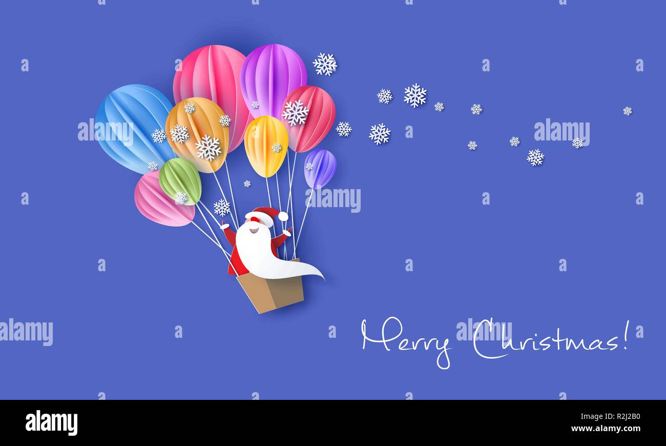 Auguri di Buon Natale design card con Babbo Natale flyingon palloncini di aria sul cielo blu sullo sfondo. Carta vettoriale arte illustrazione. Carta tagliata e stile di artigianato. Illustrazione Vettoriale