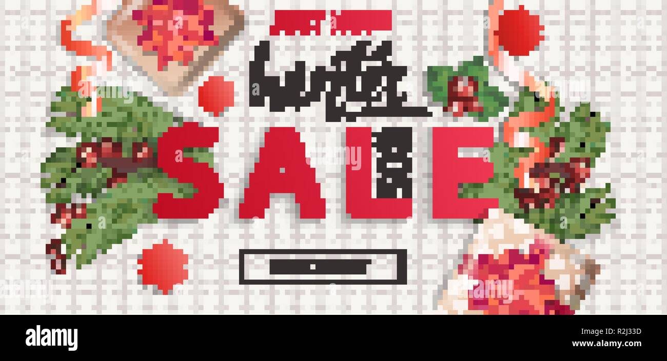 Inverno vendita banner a maglia per Natale e Capodanno vacanze.50 percento di sconto card su sfondo bianco con i tradizionali elementi di natale-confezione regalo con fiocco oro,candy cane, ramo.Vettore. Illustrazione Vettoriale