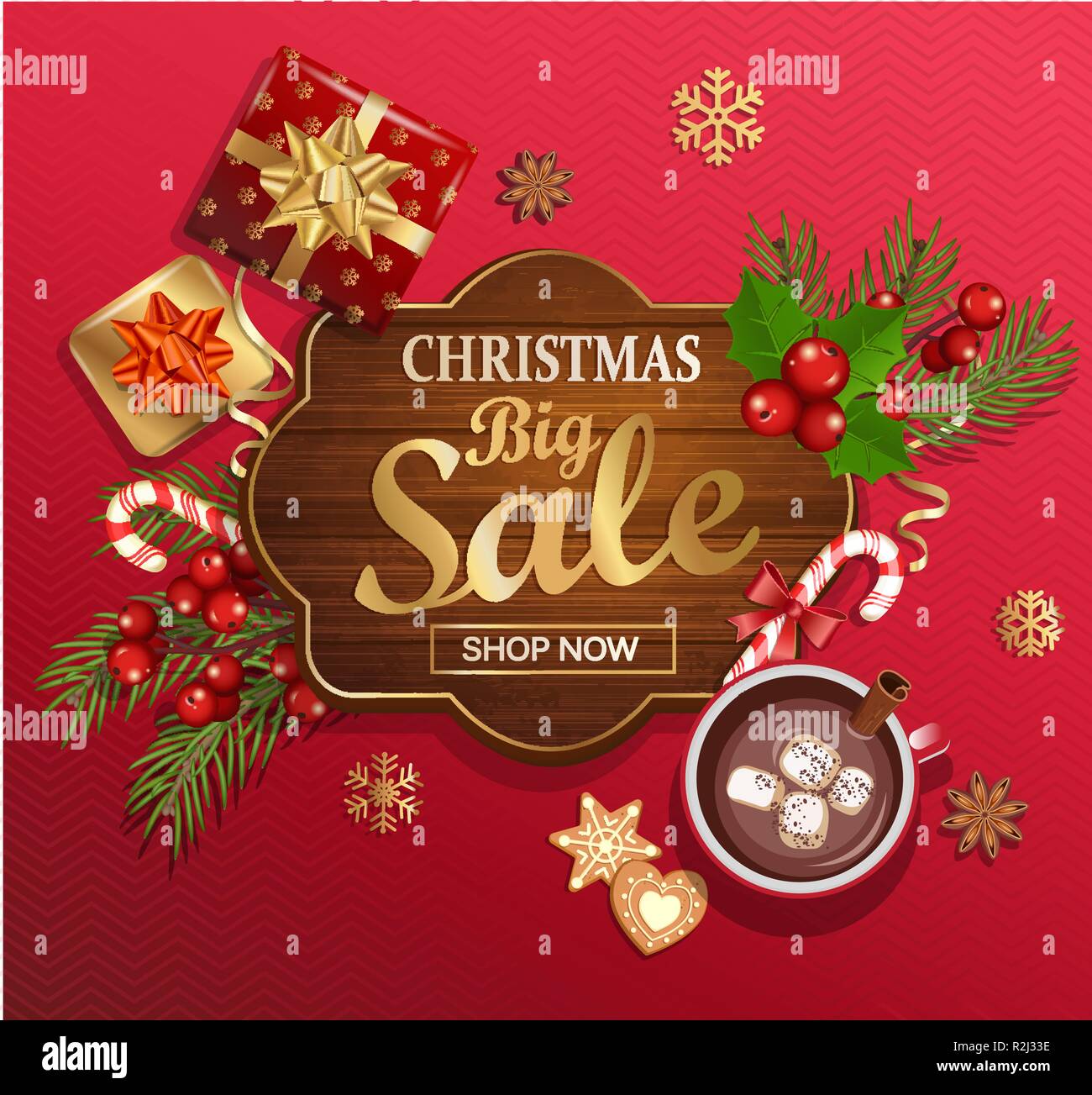 Natale grande vendita carta per vacanze. Modello di sconto sul telaio di legno su sfondo rosso con i tradizionali elementi di natale-confezione regalo con fiocco oro,candy,ramo,cacao,marshmallow.illustrazione vettoriale. Illustrazione Vettoriale