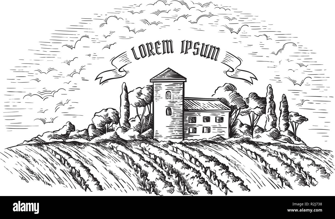 Vite plantation colline, alberi, nubi e antico castello all'orizzonte illustrazione vettoriale Illustrazione Vettoriale