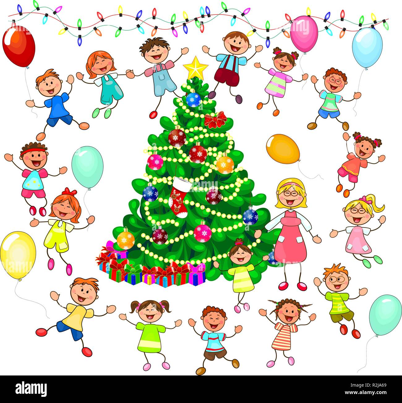 Poco gioiosa dei bambini e un insegnante vicino a un albero di Natale. I bambini vicino all'albero di Natale festeggiano il Natale. Un gruppo di bambini con un insegnante Illustrazione Vettoriale