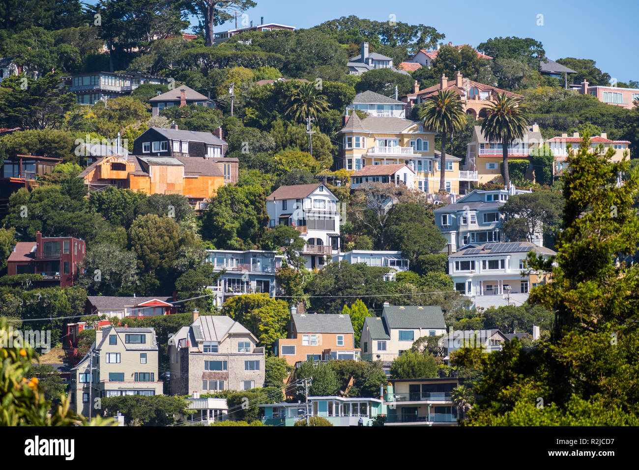 Case sulle colline di Sausalito, a nord di San Francisco Bay Area, California Foto Stock