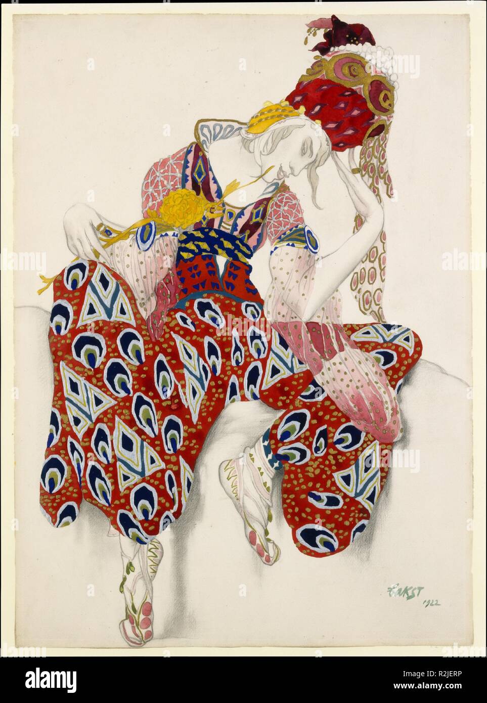 Lo studio del costume per Vaslav Nijinsky nel ruolo di Iksender nel Balletto de 'La Péri' (il fiore di immortalità), eseguita per la prima volta a Parigi, 1912. Artista: Léon Bakst (Russo, Grodno 1866-1924 Paris). Dimensioni: 26 5/8 x 19 1/4a. (67,6 x 48.9cm). Data: datata 1922. Léon Bakst era già un esperto ritrattista, Illustrator e scenografo nel 1909 quando è entrato a far parte con Serge Diaghilev per fondare i Ballets Russes. Questo design per un costume per essere indossato dal famoso ballerino maschio Vaslav Nijinsky (1890-1950) Bakst dimostra il coinvolgimento con il simbolismo e Art Nouveau, come pure il suo drammatico Foto Stock