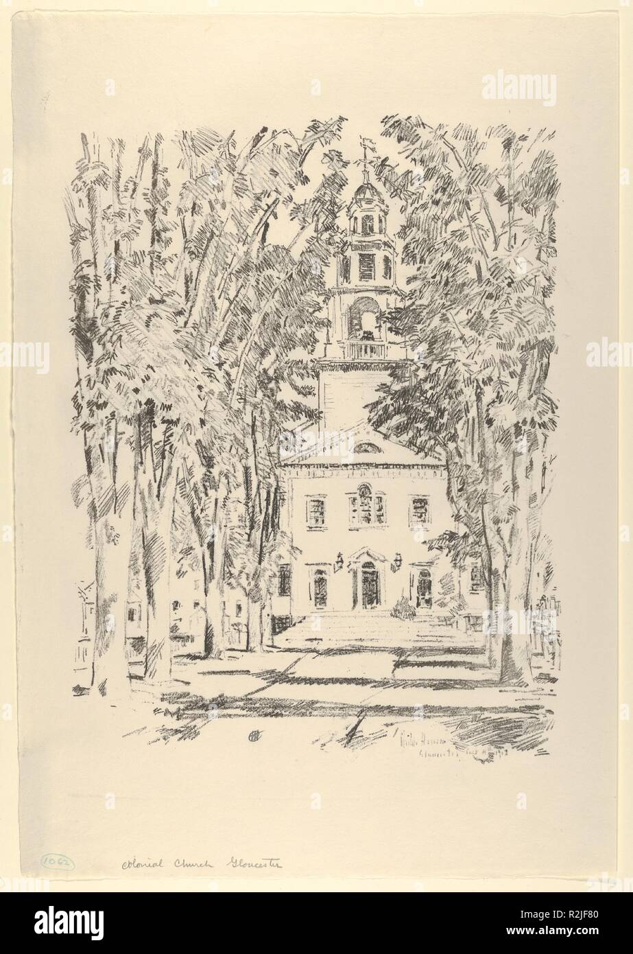 Chiesa coloniale, Gloucester. Artista: bambino Hassam (American, Dorchester, Massachusetts 1859-1935 East Hampton, New York). Dimensioni: immagine: 13 1/4 x 10 1/8 in. (33,7 x 25,7 cm) foglio: 17 7/8 x 12 5/16 in. (45,4 x 31,3 cm). Data: 4 settembre 1918. Museo: Metropolitan Museum of Art di New York, Stati Uniti d'America. Foto Stock