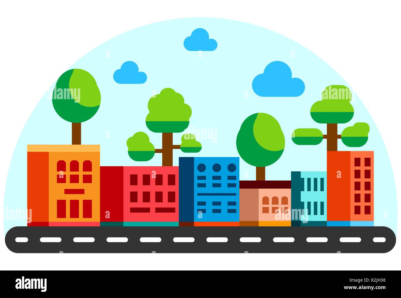 Appartamento case in stile con il trasporto su strada. Cartoon edifici della città in colori luminosi. Estate giornata soleggiata street view. Illustrazione piatta Illustrazione Vettoriale