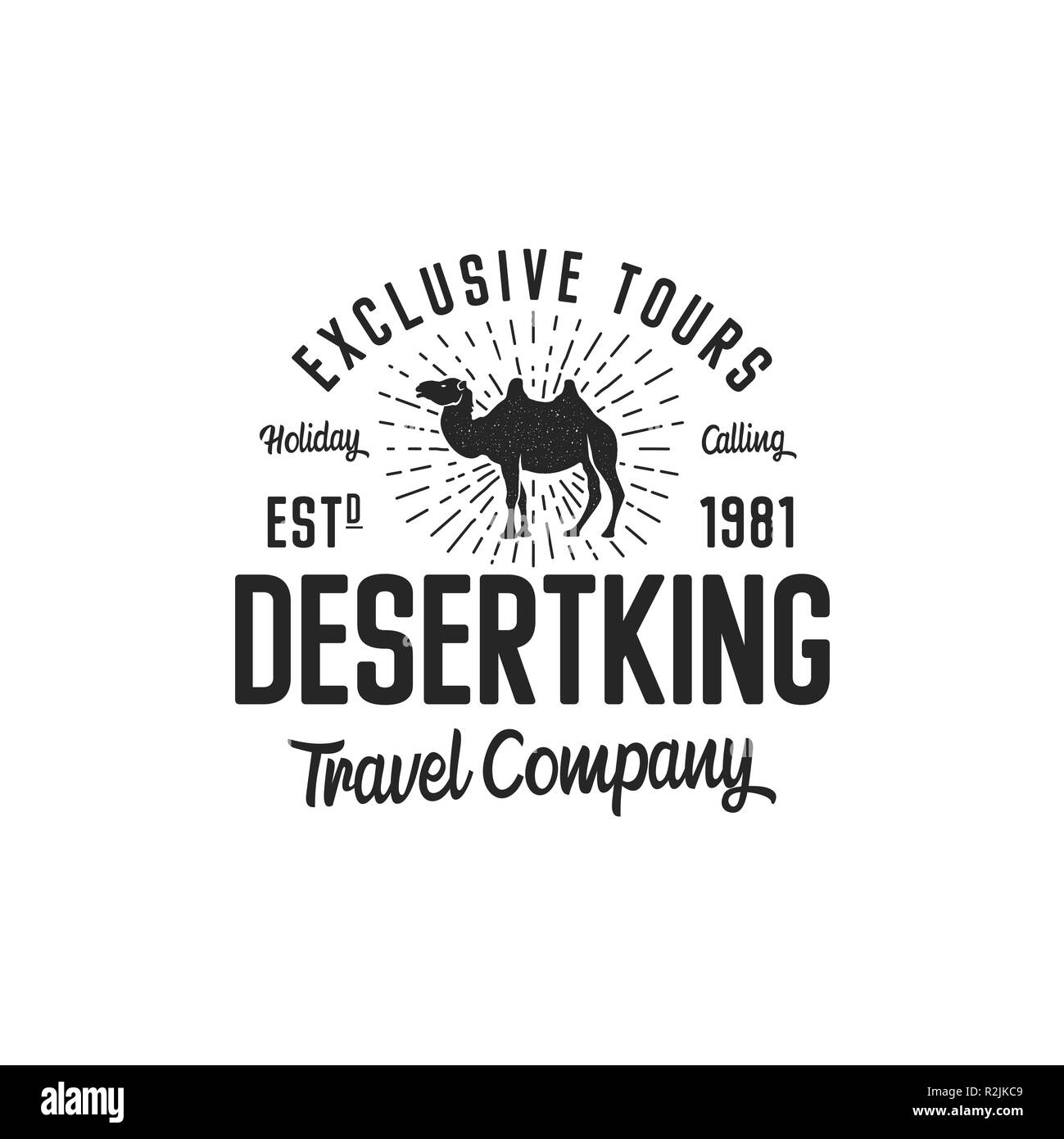 Logo del cammello del concetto di modello. Viaggio logotipo della società. Deserto re citazione di testo. Exclusive tours vacanza emblema aziendale. Stock a badge, marchio di logo isolati su sfondo bianco Foto Stock