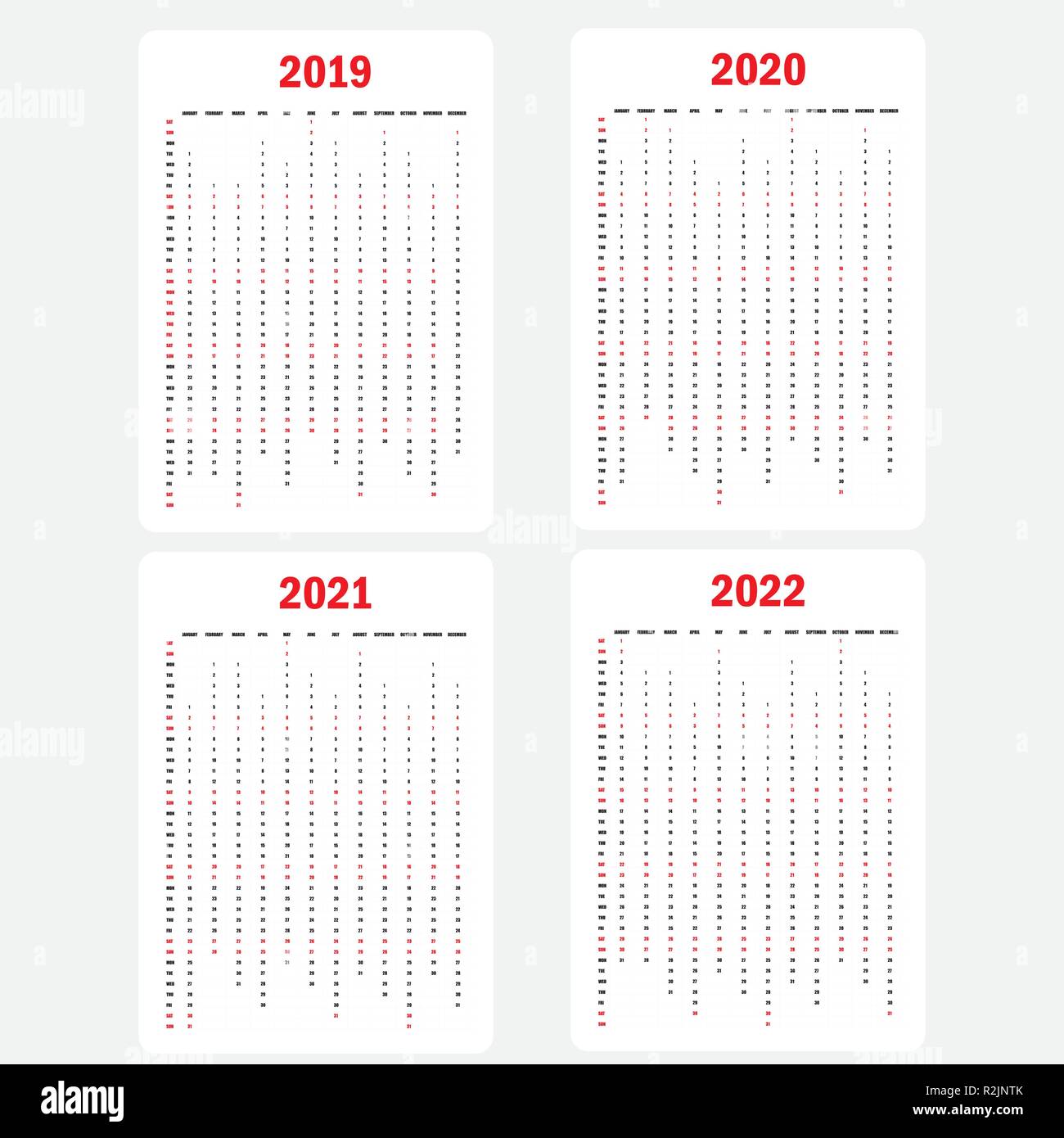 Il calendario 2019, il calendario 2020, il calendario 2021 e 2022 modello Calendario.Design.calendario annuale vector design modello di cancelleria.illustrazione vettoriale. Illustrazione Vettoriale