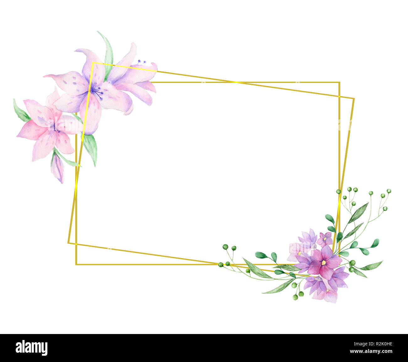 Cornice Floreale Con Rose Rosa E Foglie Decorative Invito Ad Acquerello Design Background Per Salvare La Data Biglietti Di Auguri Con Fiori Di Colore Rosa Oro P Foto Stock Alamy