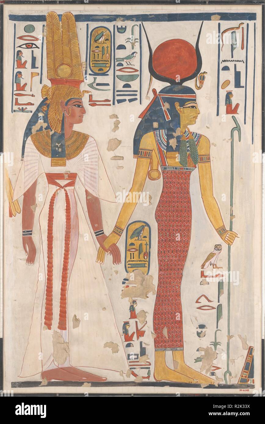 Regina Nefertari essendo portato da Isis. Artista: Charles K. Wilkinson. Dimensioni: facsimile: h. 70 cm (27 9/16 in); w. 46 cm (18 1/8 in) scala circa 1:3 incorniciato: h. 73,7 cm (29 in); w. 49,5 cm (19 1/2 in.). Dynasty: Dynasty 19. Regno: regno di Ramesse II. Data: ca. 1279-1213 A.C. Nefertari è stata il principale moglie del faraone Ramses II e la sua tomba con le sue vivide pitture murali è uno delle più belle tombe in Egitto. Questa copia ad acquerello rappresenta la regina (sinistra) essendo guidato dalla dea Iside (a destra). Degno di nota è che Nefertari il marito, Ramses II, è assente in queste scene, indicando th Foto Stock