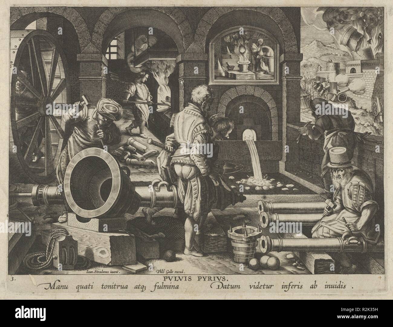 Le nuove invenzioni dei tempi moderni [Nova Reperta], l'invenzione della polvere da sparo, la piastra 3. Artista: Jan Collaert I (Netherlandish, Antwerp ca. 1530-1581 Anversa); dopo Jan van der Straet, chiamato Stradanus (Netherlandish, Bruges 1523-1605 Firenze). Dimensioni: foglio: 10 5/8 x 7 7/8 in. (27 x 20 cm). Editore: Philips Galle (Netherlandish, Haarlem 1537-1612 Anversa). Data: ca. 1600. Terza piastra da una stampa serie intitolata Nova Reperta (nuove invenzioni dei tempi moderni) costituito da un titolo di pagina e di 19 piastre, incisa da Jan Collaert I, dopo Jan van der Straet, chiamato Stradanus, e pubblicata dal Ph Foto Stock