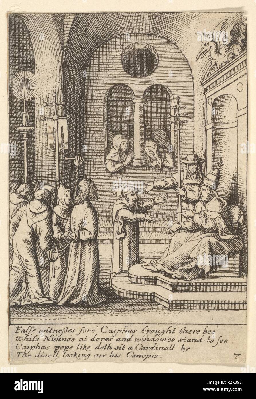 Gesù di nuovo prima di Caifa. Artista: Dopo Hans Holbein il Giovane (tedesco, Augsburg 1497/98-1543 Londra). Dimensioni: foglio: 3 7/16 x 2 3/8 in. (8,8 × 6 cm). Incisore: Wenceslaus Hollar (boemo, Praga 1607-1677 Londra). Serie/Portfolio: satirico di passione. Data: 1625-77. Caiaphus indossa abito papale e si siede su un trono sormontato da un drago in una nicchia a destra. Cristo, con le mani legate, è portato a lui da sinistra. Museo: Metropolitan Museum of Art di New York, Stati Uniti d'America. Foto Stock