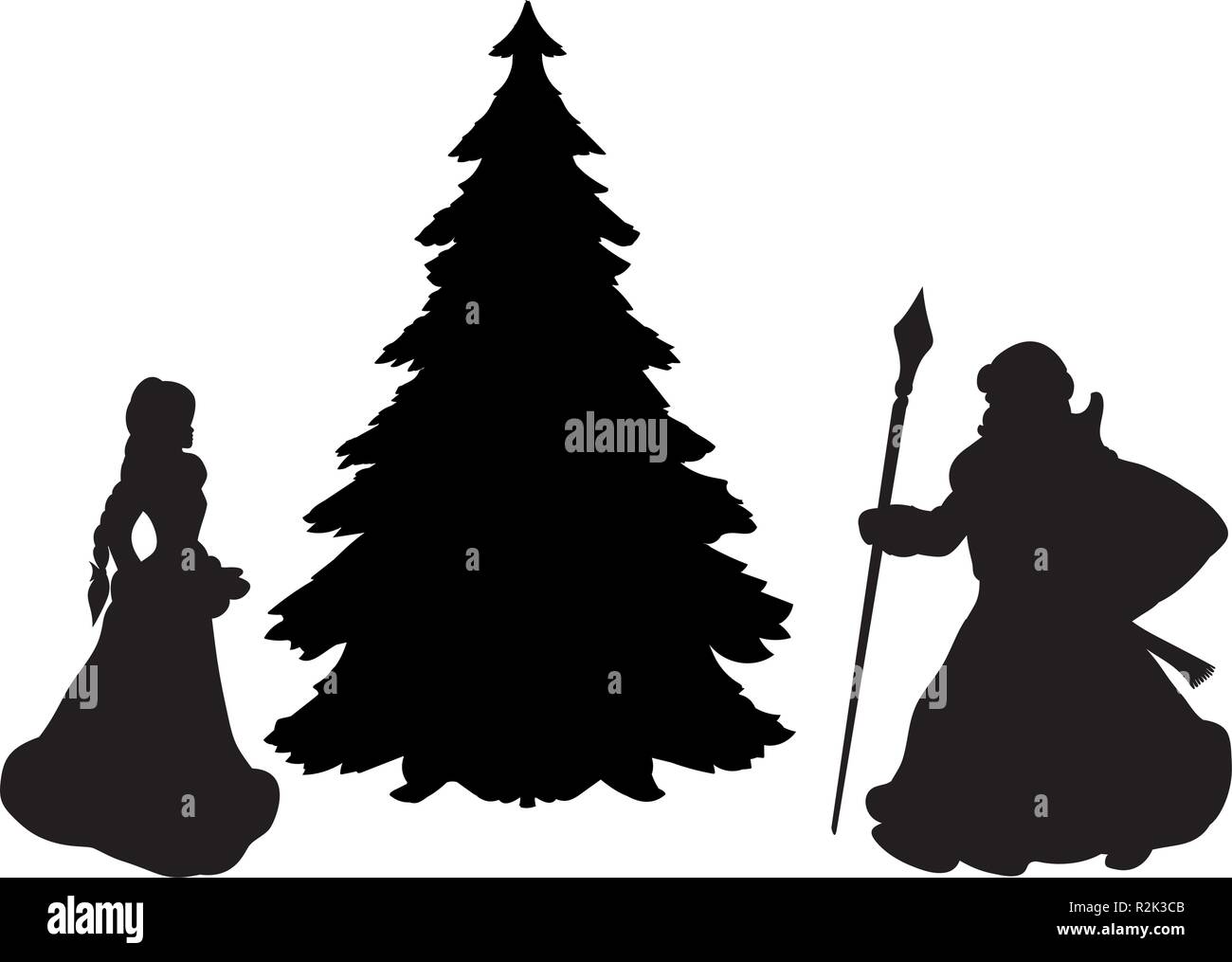 Silhouette nonno gelo e neve Maiden ad albero di Natale Illustrazione Vettoriale