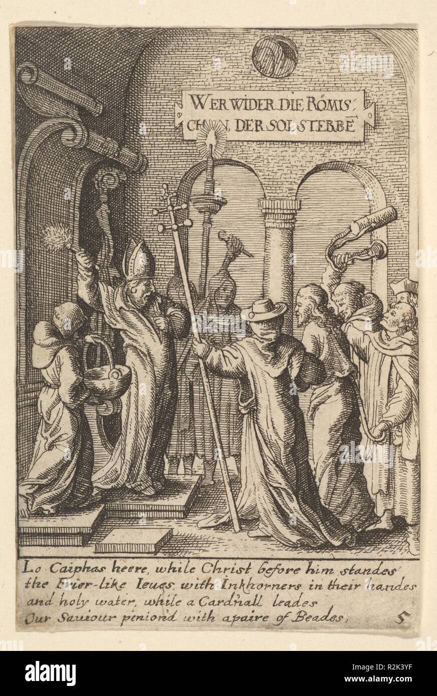 Gesù prima di Caifa. Artista: Dopo Hans Holbein il Giovane (tedesco, Augsburg 1497/98-1543 Londra). Dimensioni: foglio: 3 9/16 x 2 3/8 in. (9 × 6 cm). Incisore: Wenceslaus Hollar (boemo, Praga 1607-1677 Londra). Serie/Portfolio: satirico di passione. Data: 1625-77. I monaci trascinare Gesù a sinistra dove Caiaphus sta indossando un vescovo il turbante e sollevamento di un santo-soffione di erogazione dell'acqua come se si sollevano a Cristo. Museo: Metropolitan Museum of Art di New York, Stati Uniti d'America. Foto Stock