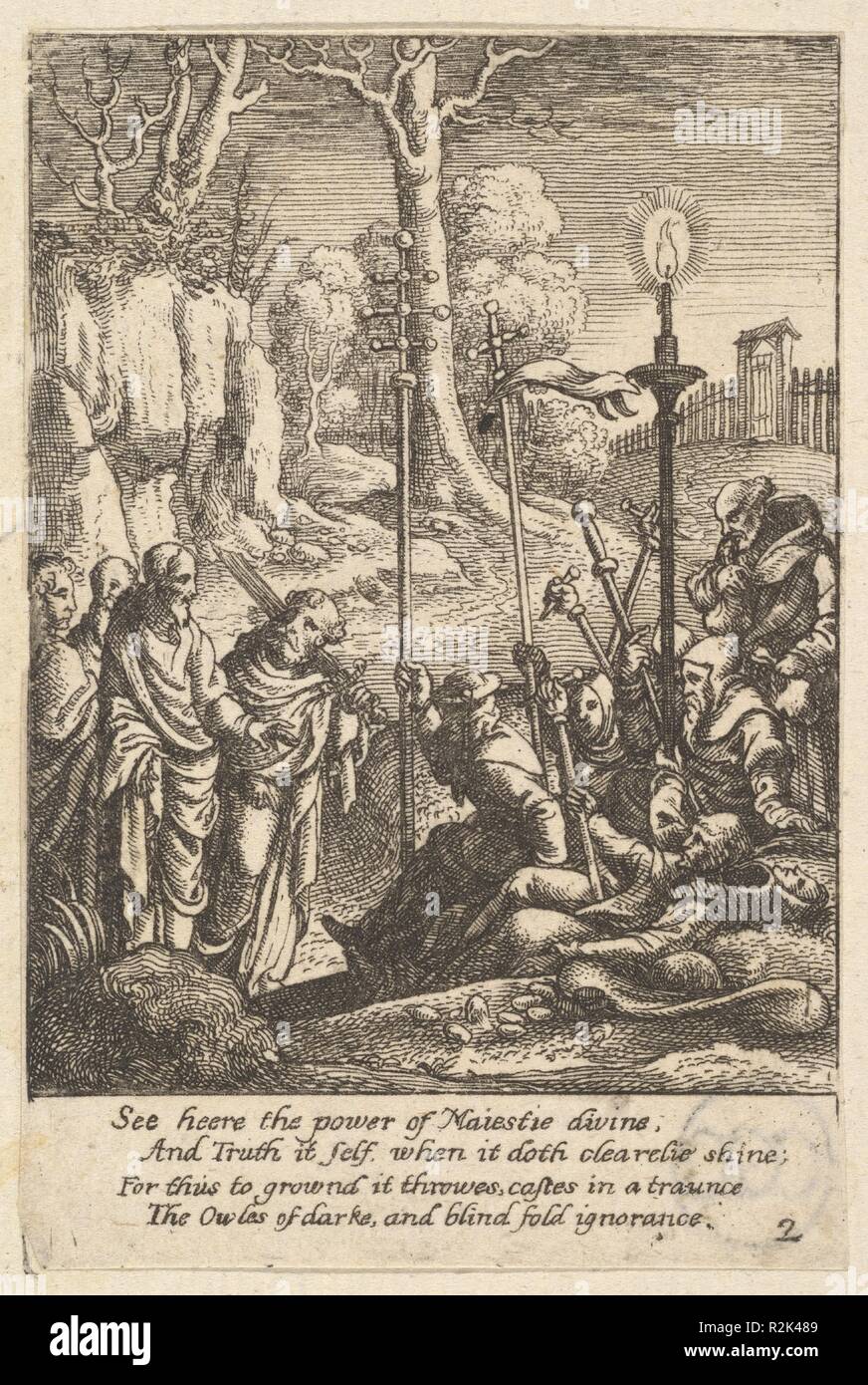 Gesù affrontare i suoi detrattori. Artista: eventualmente dopo Hans Holbein il Giovane (tedesco, Augsburg 1497/98-1543 Londra). Dimensioni: foglio: 3 9/16 x 2 7/16 in. (9,1 × 6,2 cm). Incisore: Wenceslaus Hollar (boemo, Praga 1607-1677 Londra). Serie/Portfolio: satirico di passione. Data: 1625-77. La piastra 2. Gesù e Pietro, con una spada sulla sua spalla, camminare a destra verso una folla di monaci e un cardinale croci, pellegrina del personale e una candela accesa . Dopo un seguace di Hans Holbein. Museo: Metropolitan Museum of Art di New York, Stati Uniti d'America. Foto Stock