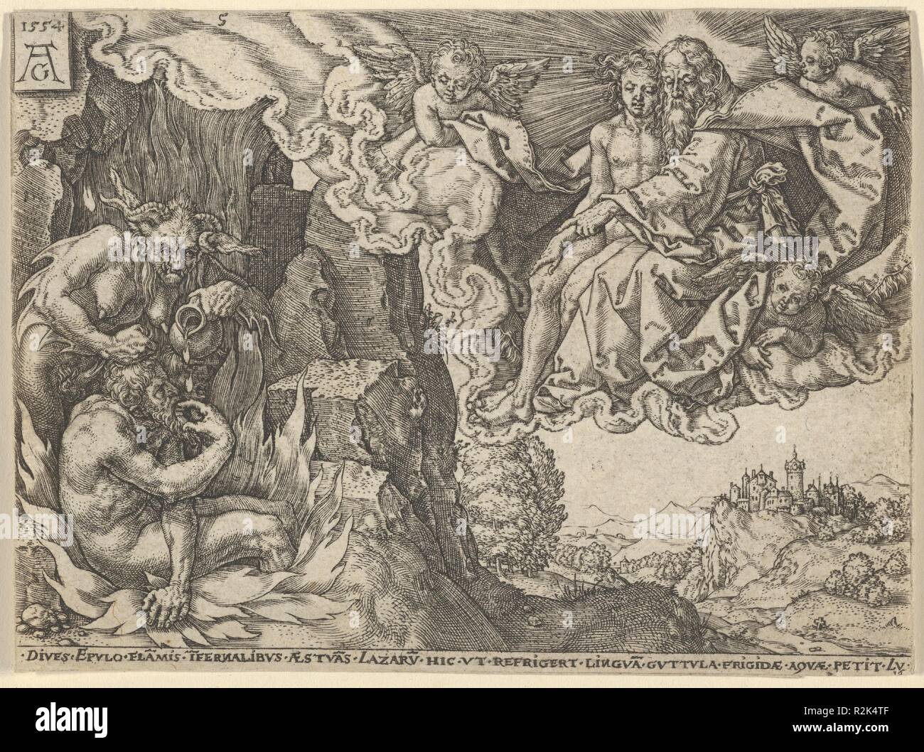 L'Uomo ricco in inferno, vedendo Lazzaro abbracciato da Abramo, dalla parabola del ricco e del povero Lazzaro. Artista: Heinrich Aldegrever (tedesco, Paderborn ca. 1502-1555/1561 Soest). Dimensioni: foglio: 3 1/8 × 4 3/16 in. (8 × 10,7 cm). Data: 1554. A sinistra, l'uomo ricco è inghiottito in fiamme mentre il diavolo afferra i suoi capelli e versa il liquido su di lui da una brocca. A destra, Lazzaro, Abramo e i tre angeli in un burst di cloud al di sopra di un paesaggio. La piastra 5 da una serie di cinque stampe con scene di Luca 16:19-31. Museo: Metropolitan Museum of Art di New York, Stati Uniti d'America. Foto Stock