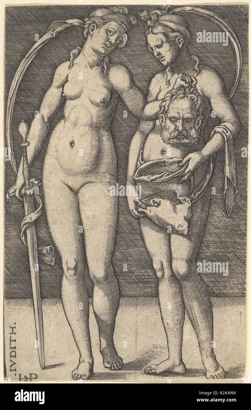 Judith in piedi a destra e tenendo la testa di Oloferne nella mano destra e una spada nella mano sinistra, suo servo in piedi a destra tenendo un sacchetto aperto. Artista: Sebald Beham (tedesco, Norimberga 1500-1550 Francoforte). Dimensioni: foglio: 4 1/16 x 2 5/8 in. (10.3 x 6.7 cm). Data: ca. 1520-30. Museo: Metropolitan Museum of Art di New York, Stati Uniti d'America. Foto Stock