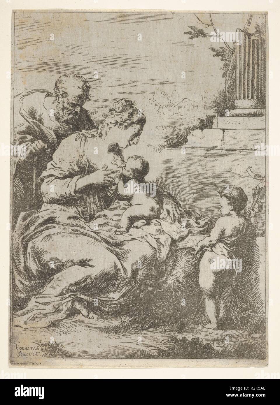 La Santa Famiglia con il bambino di San Giovanni Battista a destra. Artista: Bartolomeo Biscaino (Italiano, 1629-1657 Genova Genova). Dimensioni: foglio: 10 1/16 x 7 5/16 in. (25,6 x 18,6 cm). Editore: Daman (attivo 1640-60). Data: 1650-57. Museo: Metropolitan Museum of Art di New York, Stati Uniti d'America. Foto Stock