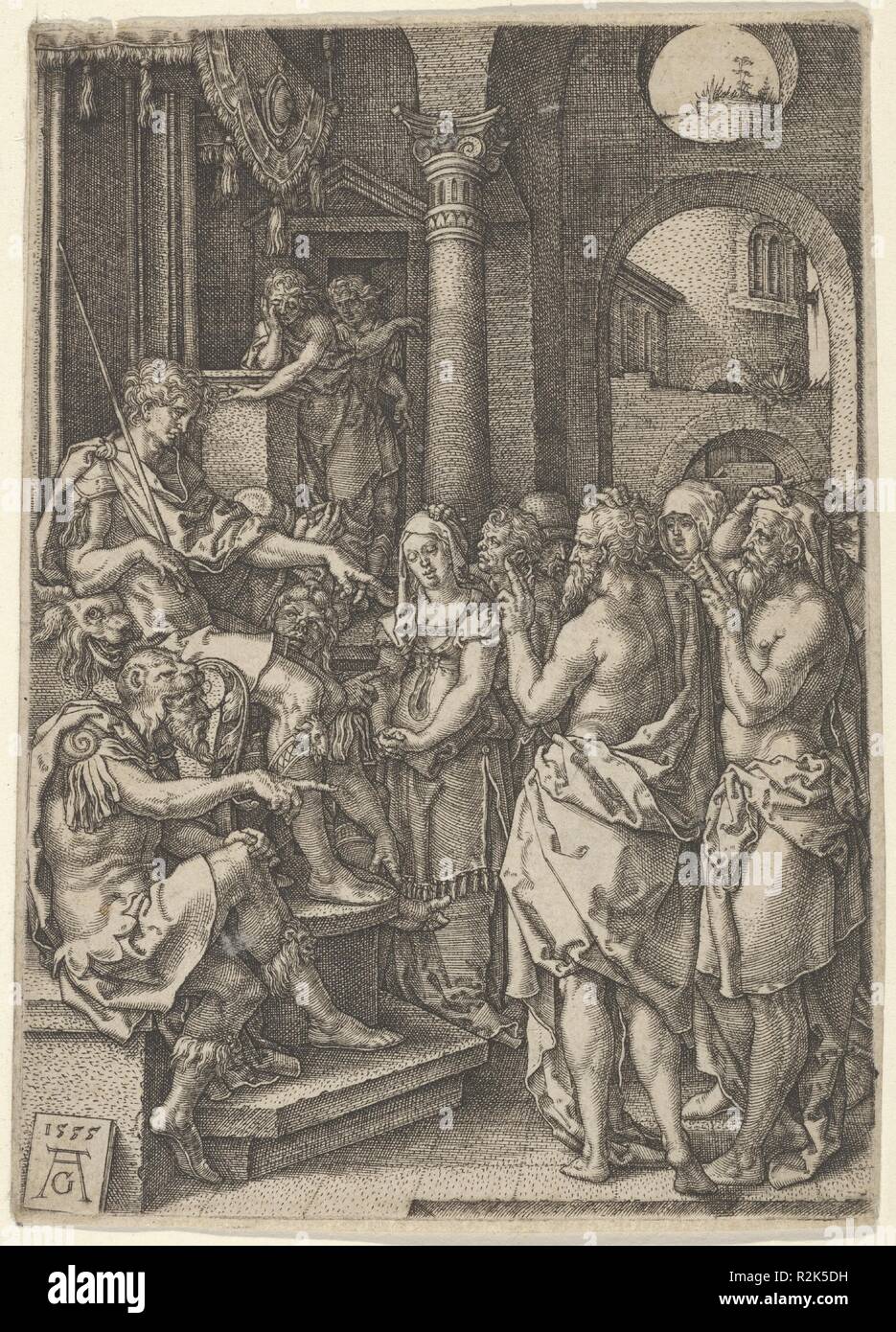Susanna accusata di adulterio, dal racconto di Susanna. Artista: Heinrich Aldegrever (tedesco, Paderborn ca. 1502-1555/1561 Soest). Dimensioni: foglio: 4 9/16 x 3 1/4 in. (11,6 × 8,3 cm). Data: 1555. Susanna sta davanti a una colonna al centro, mentre due anziani a destra indirizzo Daniel, che siede su un trono a sinistra. Basato su Daniel 13:28-41. La piastra 2 da una serie di quattro incisioni. Museo: Metropolitan Museum of Art di New York, Stati Uniti d'America. Foto Stock