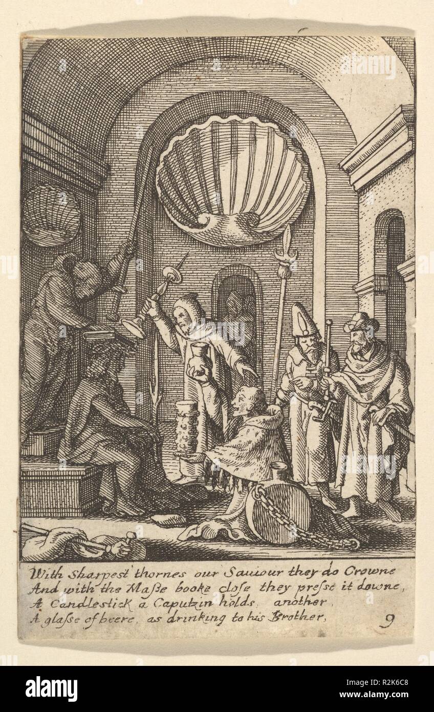 Il beffardo di Cristo. Artista: Dopo Hans Holbein il Giovane (tedesco, Augsburg 1497/98-1543 Londra). Dimensioni: foglio: 3 9/16 x 2 3/8 in. (9 × 6 cm). Incisore: Wenceslaus Hollar (boemo, Praga 1607-1677 Londra). Serie/Portfolio: satirico di passione. Data: 1625-77. Cristo è seduto a sinistra che indossa una corona di spine. I monaci lo minacciano con oggetti utilizzati per forzare la corona più profonda e un cappuccino si inginocchia davanti a lui e tiene fuori un enorme bicchiere di birra. Museo: Metropolitan Museum of Art di New York, Stati Uniti d'America. Foto Stock