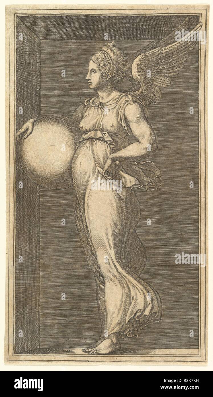 Alato femmina figura allegorica in possesso di una sfera. Artista: Giorgio Ghisi (italiano, Mantova ca. Mantova 1520-1582); dopo il cerchio di Giulio Romano (Italiano, Roma 1499?-1546 Mantova). Dimensioni: foglio: 9 5/8 x 5 1/2 in. (24,5 x 14 cm) all'interno di platemark. Data: 1558/1559. Museo: Metropolitan Museum of Art di New York, Stati Uniti d'America. Autore: Giorgio Ghisi. Dopo il cerchio di Giulio Romano. Giorgio Ghisi eventualmente dopo Giulio Romano. Foto Stock