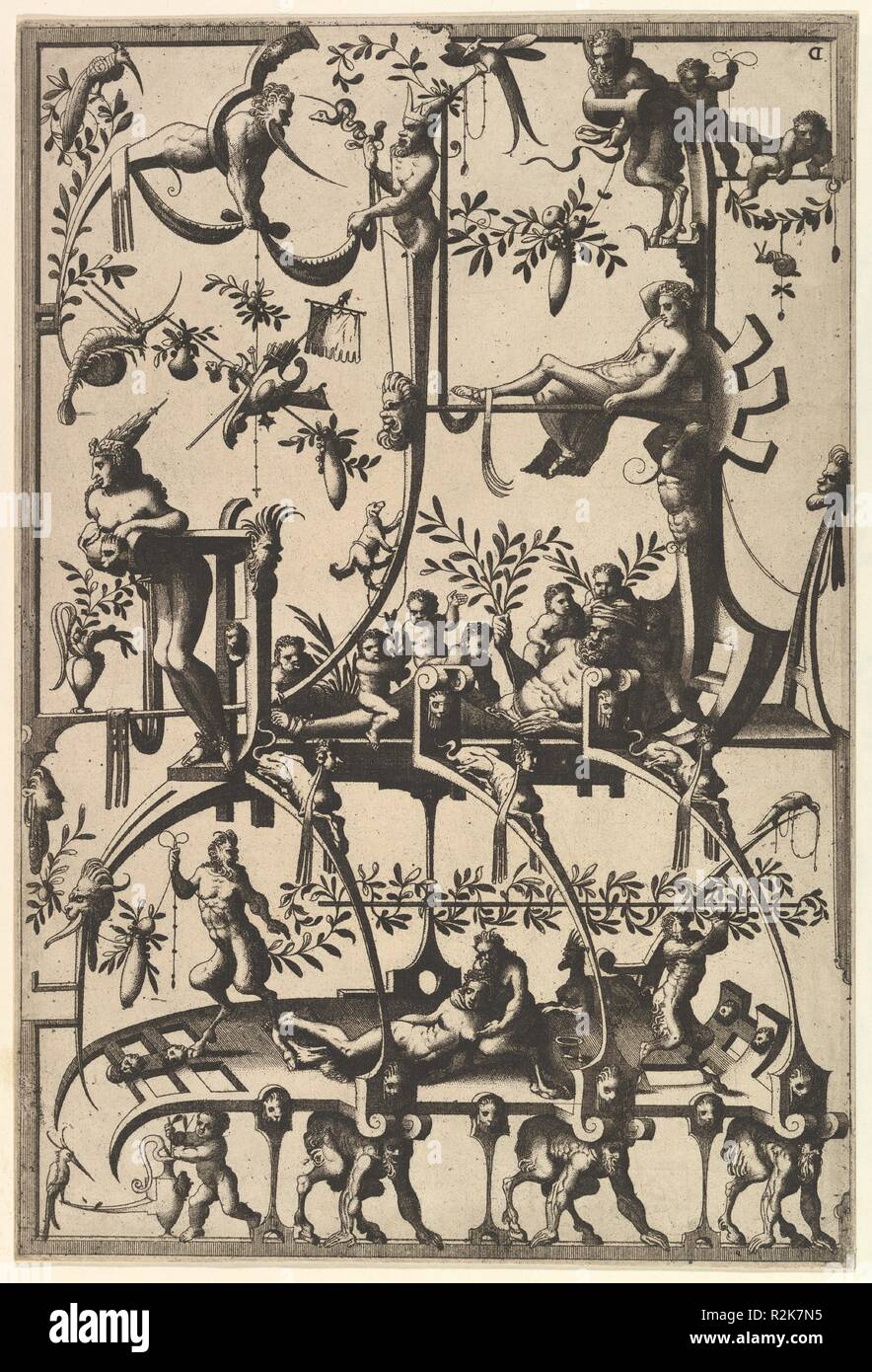 Decorazione superficiale, con grottesche Strapwork, sostenuti da satiri da Veelderleij Veranderinghe van grotissen ende Compertimenten...Libro primo. Artista: Johannes van Doetecum il sambuco (Netherlandish, attivo 1554-ca. 1600, morto 1605); Lucas van Doetecum (Netherlandish, attivo 1554-72, morto prima del 1589); dopo Cornelis Floris II (Netherlandish, Anversa prima di Anversa 1514-1575). Dimensioni: foglio: 12 1/16 x 8 1/4 in. (30,7 x 21 cm). Data: 1556. Museo: Metropolitan Museum of Art di New York, Stati Uniti d'America. Foto Stock