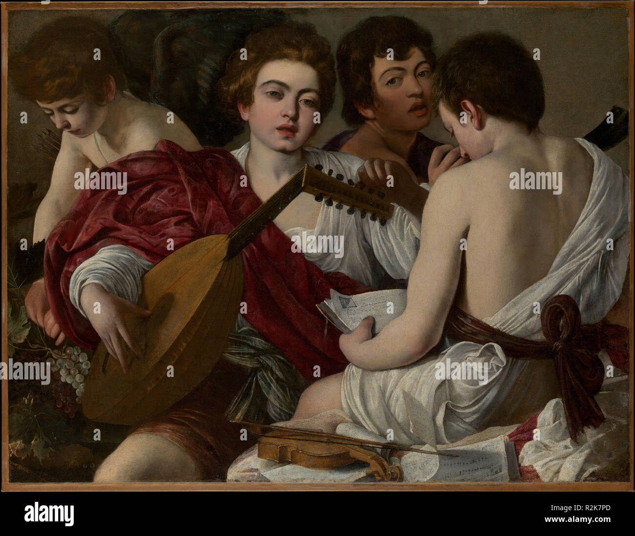I musicisti. Artista: Caravaggio (Michelangelo Merisi) (italiano, Milano o Caravaggio 1571-1610 Porto Ercole). Dimensioni: 36 1/4 x 46 5/8 in. (92,1 x 118,4 cm). Data: 1597. Sebbene descritto dai contemporanei come " un pezzo musicale,' questa immagine presenta una allegoria della musica in termini di prestazioni contemporanee; Cupido Romana i segnali di presenza la sua intenzione allegorica. I costumi hanno un aspetto vagamente look classico e Caravaggio incluso il suo autoritratto nella seconda boy da destra. Addestrati in Lombardia, Caravaggio inizialmente ha costruito la sua reputazione in Roma con dipinti di mezza lunghezza figure, tali Foto Stock