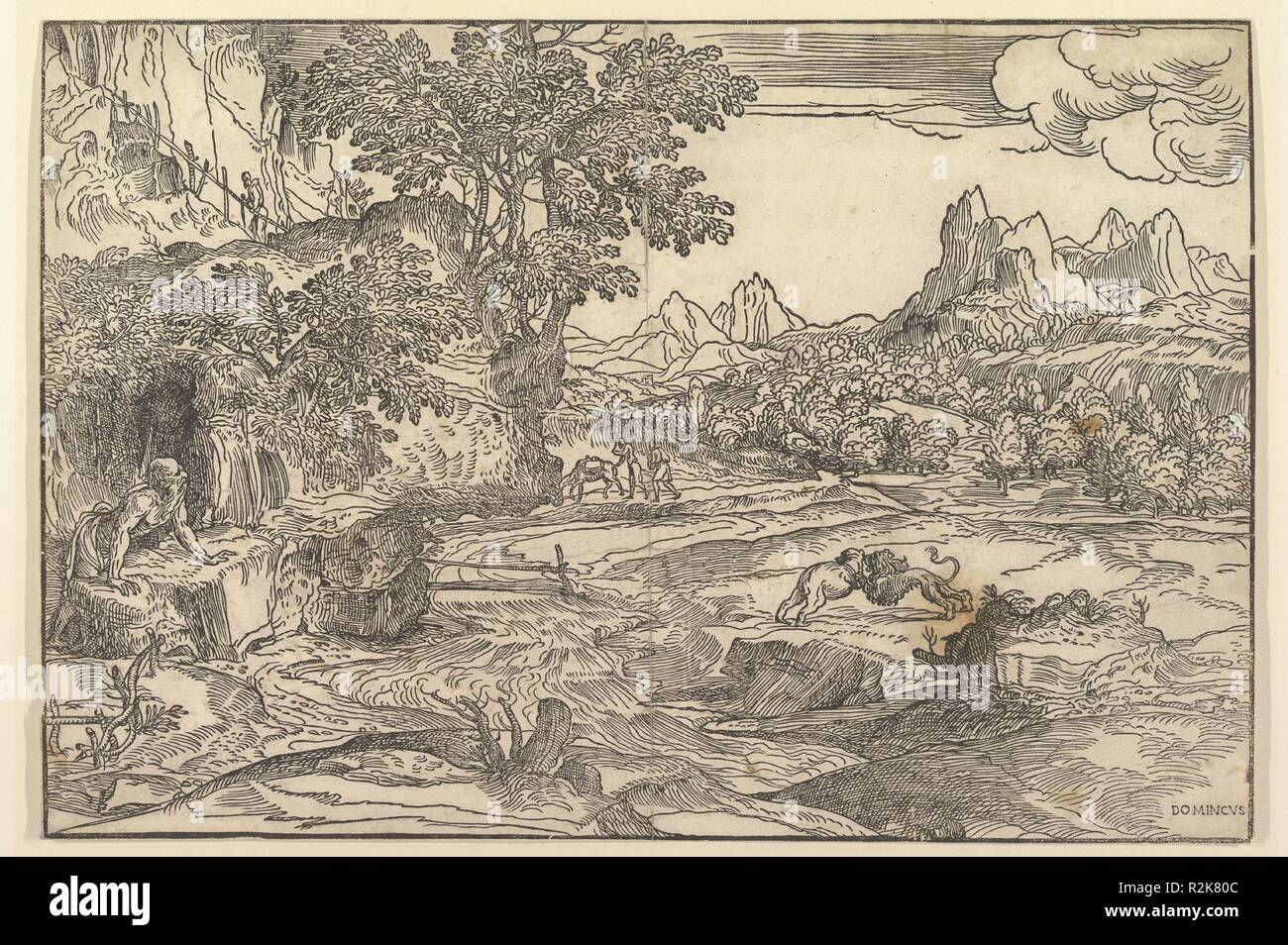 Paesaggio con San Girolamo a sinistra guardando verso il leone e l'orso combattimenti a centro; due figure con mule in background. Artista: Domenico Campagnola (italiano, Venezia (?) 1500-1564 Padova). Dimensioni: Foglio (rifilati): 11 1/4 × 16 5/8 in. (28,6 × 42,2 cm). Data: ca. 1530-35. Incollato su di un altro foglio di carta, il retro non è visibile. Questa impressione sembra essere il terzo membro di tre seguente descrizione in Rosand e Muraro (p. 158), come parte del linework nella nuvola in alto a destra è mancante, eventualmente tagliata. Museo: Metropolitan Museum of Art di New York, Stati Uniti d'America. Foto Stock