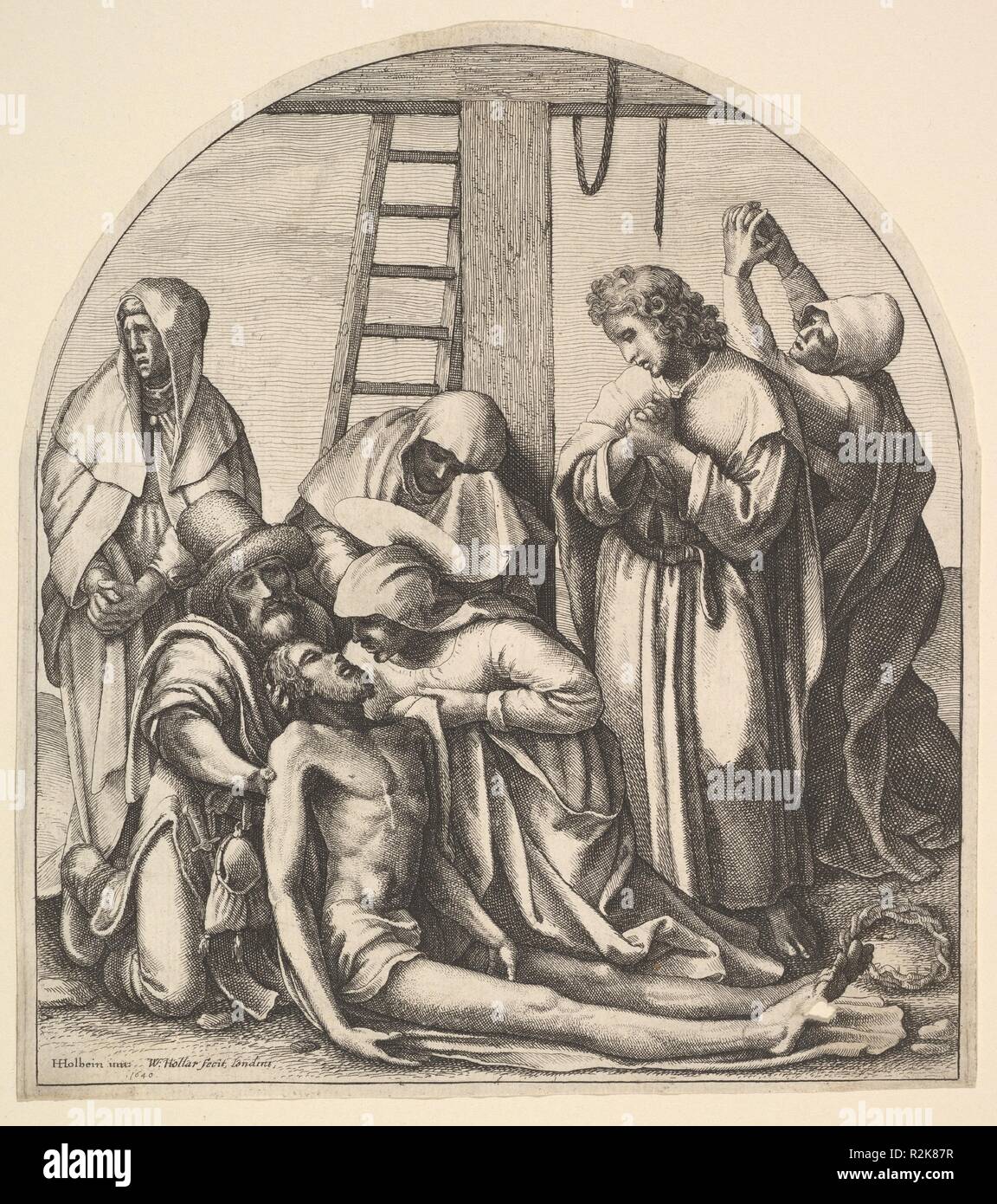 Discesa dalla Croce, dopo Holbein. Artista: Dopo Hans Holbein il Giovane (tedesco, Augsburg 1497/98-1543 Londra); Wenceslaus Hollar (boemo, Praga 1607-1677 Londra). Dimensioni: 7 3/4 x 6 7/8 in. (19,7 x 17,5 cm). Data: 1640. Discesa dalla Croce; Giuseppe di Arimatea e la Vergine Maria in ginocchio, sostenere il corpo di Cristo, San Giovanni in piedi a destra, assieme a tre donne di pianto, accanto alla croce e la scaletta; dopo Hans Holbein il Giovane. Museo: Metropolitan Museum of Art di New York, Stati Uniti d'America. Foto Stock